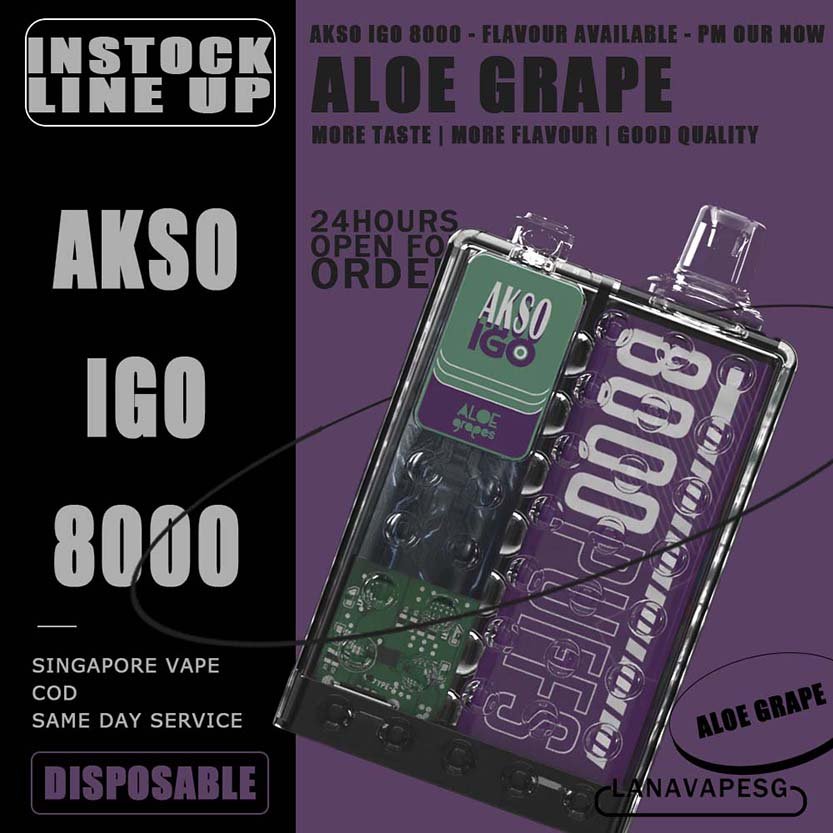 AKSO IGO 8000 DISPOSABLE - VAPE SG Akso Igo e-cigarette is the latest device from the house of Akso that has already created tremendous buzz in the market! The device is Ergonomic centric and very looks of this device is extremely pleasing as it takes us back in time. The device comes with a powerful battery, a mesh coil and delivers upto 8000 puffs making your money absolutely count. Packs in an 1.1Ω meshed coil and UK made juice delivers a smooth and consistent taste right through to the last puff. Choose flavour and place order now for same day delivery ! Specification : Puff:8000 Puffs Charger:Type C Cable Capacity:15ml Battery:650mah LED Light Battery Indicator 10 Seconds Cut-Off Protection Over Temperature Protection Under Voltage Protection 3.6V Constant Voltage Output AKSO IGO 8000 DISPOSABLE FLAVOUR LIST : Aloe Grape Blackcurrant Ice Caramel Cookies Caramel Mocha Lychee Ross Mango Ice Mango Peach Nutty Tobacco Root Beer Strawberry Cheese Vanilla Milk Watermelon Ice Apple Yakult Passion Fruit Yakult Rootbeer Float Strawberry Yakult SG VAPE COD SAME DAY DELIVERY , CASH ON DELIVERY ONLY. ORDER BEFORE 5PM , SAME DAY NIGHT SLOT 7PM – 10PM RECEIVED PARCEL. TAKE BULK ORDER /MORE ORDER PLS CONTACT US : LANAVAPESG WHATSAPP VIEW OUR DAILY NEWS INFORMATION VAPE : LANAVAPESG CHANNEL