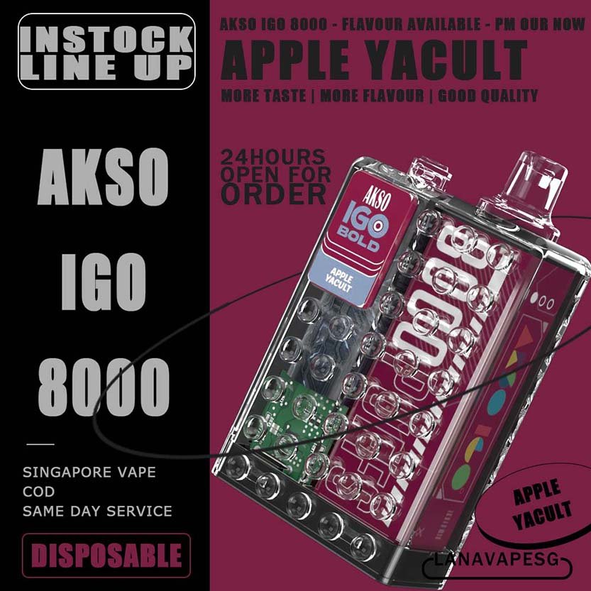 AKSO IGO 8000 DISPOSABLE - VAPE SG Akso Igo e-cigarette is the latest device from the house of Akso that has already created tremendous buzz in the market! The device is Ergonomic centric and very looks of this device is extremely pleasing as it takes us back in time. The device comes with a powerful battery, a mesh coil and delivers upto 8000 puffs making your money absolutely count. Packs in an 1.1Ω meshed coil and UK made juice delivers a smooth and consistent taste right through to the last puff. Choose flavour and place order now for same day delivery ! Specification : Puff:8000 Puffs Charger:Type C Cable Capacity:15ml Battery:650mah LED Light Battery Indicator 10 Seconds Cut-Off Protection Over Temperature Protection Under Voltage Protection 3.6V Constant Voltage Output AKSO IGO 8000 DISPOSABLE FLAVOUR LIST : Aloe Grape Blackcurrant Ice Caramel Cookies Caramel Mocha Lychee Ross Mango Ice Mango Peach Nutty Tobacco Root Beer Strawberry Cheese Vanilla Milk Watermelon Ice Apple Yakult Passion Fruit Yakult Rootbeer Float Strawberry Yakult SG VAPE COD SAME DAY DELIVERY , CASH ON DELIVERY ONLY. ORDER BEFORE 5PM , SAME DAY NIGHT SLOT 7PM – 10PM RECEIVED PARCEL. TAKE BULK ORDER /MORE ORDER PLS CONTACT US : LANAVAPESG WHATSAPP VIEW OUR DAILY NEWS INFORMATION VAPE : LANAVAPESG CHANNEL