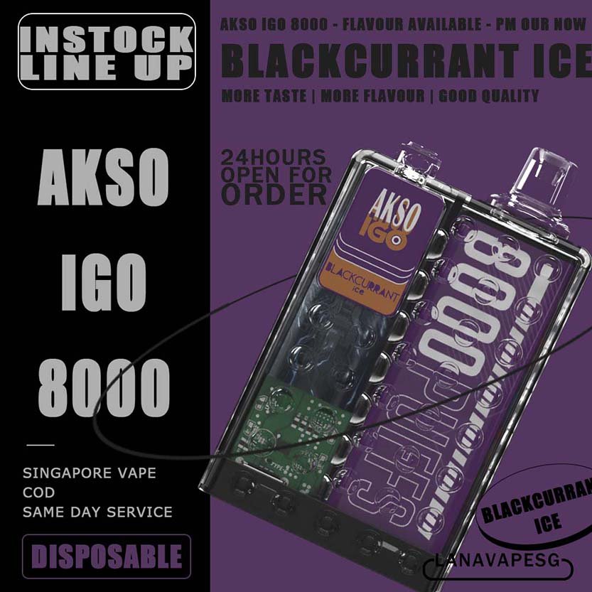 AKSO IGO 8000 DISPOSABLE - VAPE SG Akso Igo e-cigarette is the latest device from the house of Akso that has already created tremendous buzz in the market! The device is Ergonomic centric and very looks of this device is extremely pleasing as it takes us back in time. The device comes with a powerful battery, a mesh coil and delivers upto 8000 puffs making your money absolutely count. Packs in an 1.1Ω meshed coil and UK made juice delivers a smooth and consistent taste right through to the last puff. Choose flavour and place order now for same day delivery ! Specification : Puff:8000 Puffs Charger:Type C Cable Capacity:15ml Battery:650mah LED Light Battery Indicator 10 Seconds Cut-Off Protection Over Temperature Protection Under Voltage Protection 3.6V Constant Voltage Output AKSO IGO 8000 DISPOSABLE FLAVOUR LIST : Aloe Grape Blackcurrant Ice Caramel Cookies Caramel Mocha Lychee Ross Mango Ice Mango Peach Nutty Tobacco Root Beer Strawberry Cheese Vanilla Milk Watermelon Ice Apple Yakult Passion Fruit Yakult Rootbeer Float Strawberry Yakult SG VAPE COD SAME DAY DELIVERY , CASH ON DELIVERY ONLY. ORDER BEFORE 5PM , SAME DAY NIGHT SLOT 7PM – 10PM RECEIVED PARCEL. TAKE BULK ORDER /MORE ORDER PLS CONTACT US : LANAVAPESG WHATSAPP VIEW OUR DAILY NEWS INFORMATION VAPE : LANAVAPESG CHANNEL