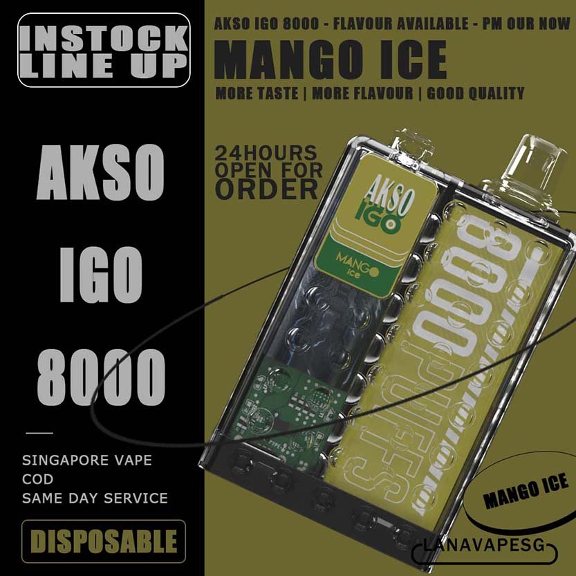 AKSO IGO 8000 DISPOSABLE - VAPE SG Akso Igo e-cigarette is the latest device from the house of Akso that has already created tremendous buzz in the market! The device is Ergonomic centric and very looks of this device is extremely pleasing as it takes us back in time. The device comes with a powerful battery, a mesh coil and delivers upto 8000 puffs making your money absolutely count. Packs in an 1.1Ω meshed coil and UK made juice delivers a smooth and consistent taste right through to the last puff. Choose flavour and place order now for same day delivery ! Specification : Puff:8000 Puffs Charger:Type C Cable Capacity:15ml Battery:650mah LED Light Battery Indicator 10 Seconds Cut-Off Protection Over Temperature Protection Under Voltage Protection 3.6V Constant Voltage Output AKSO IGO 8000 DISPOSABLE FLAVOUR LIST : Aloe Grape Blackcurrant Ice Caramel Cookies Caramel Mocha Lychee Ross Mango Ice Mango Peach Nutty Tobacco Root Beer Strawberry Cheese Vanilla Milk Watermelon Ice Apple Yakult Passion Fruit Yakult Rootbeer Float Strawberry Yakult SG VAPE COD SAME DAY DELIVERY , CASH ON DELIVERY ONLY. ORDER BEFORE 5PM , SAME DAY NIGHT SLOT 7PM – 10PM RECEIVED PARCEL. TAKE BULK ORDER /MORE ORDER PLS CONTACT US : LANAVAPESG WHATSAPP VIEW OUR DAILY NEWS INFORMATION VAPE : LANAVAPESG CHANNEL