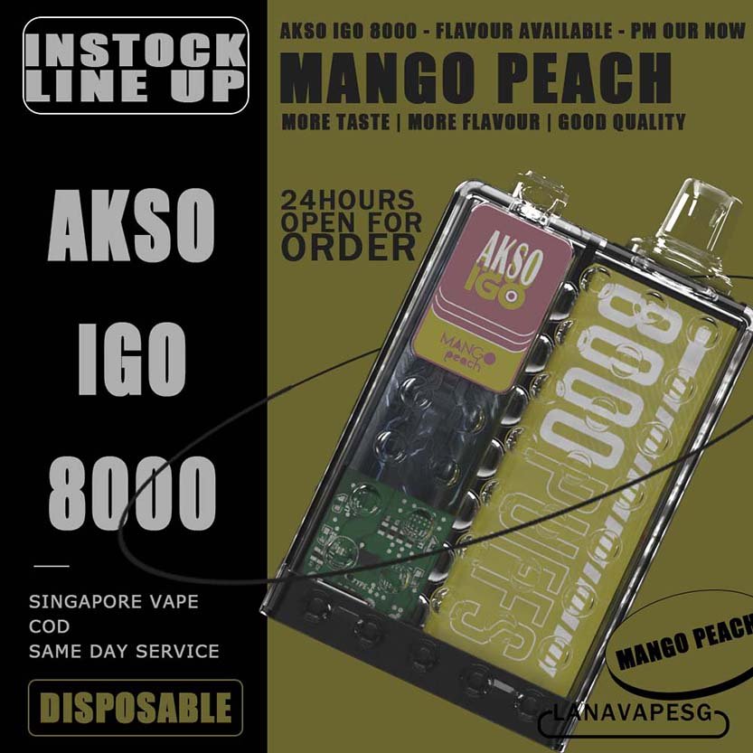 AKSO IGO 8000 DISPOSABLE - VAPE SG Akso Igo e-cigarette is the latest device from the house of Akso that has already created tremendous buzz in the market! The device is Ergonomic centric and very looks of this device is extremely pleasing as it takes us back in time. The device comes with a powerful battery, a mesh coil and delivers upto 8000 puffs making your money absolutely count. Packs in an 1.1Ω meshed coil and UK made juice delivers a smooth and consistent taste right through to the last puff. Choose flavour and place order now for same day delivery ! Specification : Puff:8000 Puffs Charger:Type C Cable Capacity:15ml Battery:650mah LED Light Battery Indicator 10 Seconds Cut-Off Protection Over Temperature Protection Under Voltage Protection 3.6V Constant Voltage Output AKSO IGO 8000 DISPOSABLE FLAVOUR LIST : Aloe Grape Blackcurrant Ice Caramel Cookies Caramel Mocha Lychee Ross Mango Ice Mango Peach Nutty Tobacco Root Beer Strawberry Cheese Vanilla Milk Watermelon Ice Apple Yakult Passion Fruit Yakult Rootbeer Float Strawberry Yakult SG VAPE COD SAME DAY DELIVERY , CASH ON DELIVERY ONLY. ORDER BEFORE 5PM , SAME DAY NIGHT SLOT 7PM – 10PM RECEIVED PARCEL. TAKE BULK ORDER /MORE ORDER PLS CONTACT US : LANAVAPESG WHATSAPP VIEW OUR DAILY NEWS INFORMATION VAPE : LANAVAPESG CHANNEL