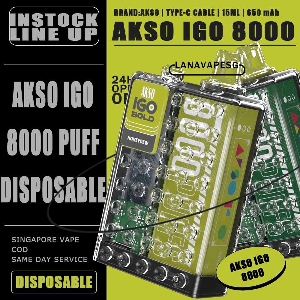 AKSO IGO 8000 DISPOSABLE - VAPE SG Akso Igo e-cigarette is the latest device from the house of Akso that has already created tremendous buzz in the market! The device is Ergonomic centric and very looks of this device is extremely pleasing as it takes us back in time. The device comes with a powerful battery, a mesh coil and delivers upto 8000 puffs making your money absolutely count. Packs in an 1.1Ω meshed coil and UK made juice delivers a smooth and consistent taste right through to the last puff. Choose flavour and place order now for same day delivery ! Specification : Puff:8000 Puffs Charger:Type C Cable Capacity:15ml Battery:650mah LED Light Battery Indicator 10 Seconds Cut-Off Protection Over Temperature Protection Under Voltage Protection 3.6V Constant Voltage Output AKSO IGO 8000 DISPOSABLE FLAVOUR LIST : Aloe Grape Blackcurrant Ice Caramel Cookies Caramel Mocha Lychee Ross Mango Ice Mango Peach Nutty Tobacco Root Beer Strawberry Cheese Vanilla Milk Watermelon Ice Apple Yakult Passion Fruit Yakult Rootbeer Float Strawberry Yakult SG VAPE COD SAME DAY DELIVERY , CASH ON DELIVERY ONLY. ORDER BEFORE 5PM , SAME DAY NIGHT SLOT 7PM – 10PM RECEIVED PARCEL. TAKE BULK ORDER /MORE ORDER PLS CONTACT US : LANAVAPESG WHATSAPP VIEW OUR DAILY NEWS INFORMATION VAPE : LANAVAPESG CHANNEL