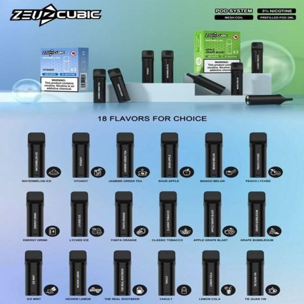 ZEUZ CUBIC CARTRIDGE POD  Introducing ZeuzCubic : Elevate Your Vaping Experience! Discover the future of vaping with ZeuzCubic - the ultimate blend of Innovation and statisfation. Our Cutting-edge Electronic Ciggarette offers a remarkable vaping experience that's truly exceptional. Specifications : Battery Capacity:400mAh Nicotine 3% 2ml Per Pod 600 Puff Package Include : 1 Pack of 3 Pods ZEUZ CUBIC CARTRIDGE FLAVOUR LIST : Apple Grape Blast Classic Tobacco Energy Drink Fanta Orange Grape Bubblegum Hi-Chew Lemon Ice Mint Jasmine Green Tea Lemon Cola Lychee Ice Mango Melon Peach Lychee Sour Apple The Real Rootbeer Tie Guan Yin Vitasoy Watermelon Ice Yakult SG VAPE COD SAME DAY DELIVERY , CASH ON DELIVERY ONLY. ORDER BEFORE 5PM , SAME DAY NIGHT SLOT 7PM – 10PM RECEIVED PARCEL. TAKE BULK ORDER /MORE ORDER PLS CONTACT US : LANAVAPESG WHATSAPP VIEW OUR DAILY NEWS INFORMATION VAPE : LANAVAPESG CHANNEL