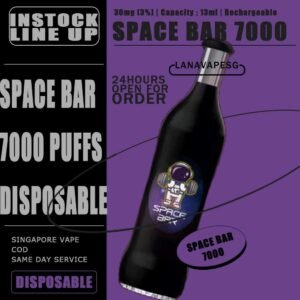 SPACE BAR 7000 DISPOSABLE Specifications : Puff : 7000 Puffs Nicotine : 5% Charging : Rechargeable with Type C SPACE BAR 7000 FLAVOUR LINE UP : Annona Squamos Apple grape Aloe Peach Blueberry Cranberry Coconut Jelly Coconut Cole Mint Mango Strawberry Mango Peach Strawberry Strawberry Candy Floss Tie Guan Yin Watermelon Pineapple Watermelon Grape Watermelon SG VAPE COD SAME DAY DELIVERY , CASH ON DELIVERY ONLY. ORDER BEFORE 5PM , SAME DAY NIGHT SLOT 7PM – 10PM RECEIVED PARCEL. TAKE BULK ORDER /MORE ORDER PLS CONTACT US : LANAVAPESG WHATSAPP VIEW OUR DAILY NEWS INFORMATION VAPE : LANAVAPESG CHANNEL