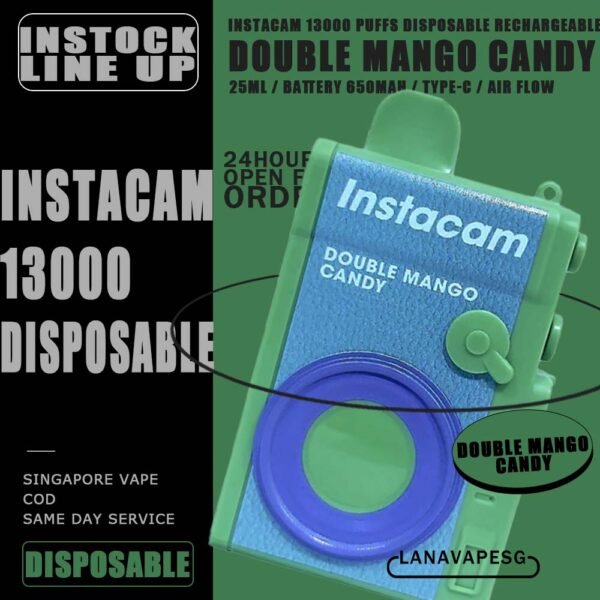 INSTACAM 13000 DISPOSABLE - VAPE SG INSTACAM 13K PUFFS DISPOSABLE is a Malaysian E-Cigarette specially produced to suits the Malaysian taste buds with rich aromas and delicious flavors. INSTACAM 13000 Product is got 10pcs flavours line up , choose your flavour and get it now with us! Specification : Approx. 13000 Puffs Capacity: 25ml Rechargeable Battery 650mAh Charging Port: Type-C Smooth Air Flow ⚠️INSTACAM 13000 DISPOSABLE FLAVOUR LINE UP⚠️ Strawberry Ice Cream Sundae Double Mango Candy Grape Bubblegum Blackcurrant Melon Strawberry Mango Solero Watermelon Kiwi Super Grape Grape Lychee SG VAPE COD SAME DAY DELIVERY , CASH ON DELIVERY ONLY. ORDER BEFORE 5PM , SAME DAY NIGHT SLOT 7PM – 10PM RECEIVED PARCEL. TAKE BULK ORDER /MORE ORDER PLS CONTACT US : LANAVAPESG WHATSAPP VIEW OUR DAILY NEWS INFORMATION VAPE : LANAVAPESG CHANNEL