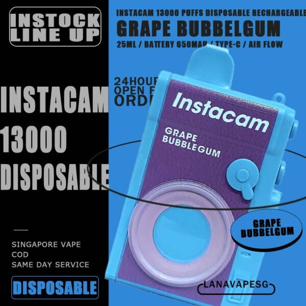 INSTACAM 13000 DISPOSABLE - VAPE SG INSTACAM 13K PUFFS DISPOSABLE is a Malaysian E-Cigarette specially produced to suits the Malaysian taste buds with rich aromas and delicious flavors. INSTACAM 13000 Product is got 10pcs flavours line up , choose your flavour and get it now with us! Specification : Approx. 13000 Puffs Capacity: 25ml Rechargeable Battery 650mAh Charging Port: Type-C Smooth Air Flow ⚠️INSTACAM 13000 DISPOSABLE FLAVOUR LINE UP⚠️ Strawberry Ice Cream Sundae Double Mango Candy Grape Bubblegum Blackcurrant Melon Strawberry Mango Solero Watermelon Kiwi Super Grape Grape Lychee SG VAPE COD SAME DAY DELIVERY , CASH ON DELIVERY ONLY. ORDER BEFORE 5PM , SAME DAY NIGHT SLOT 7PM – 10PM RECEIVED PARCEL. TAKE BULK ORDER /MORE ORDER PLS CONTACT US : LANAVAPESG WHATSAPP VIEW OUR DAILY NEWS INFORMATION VAPE : LANAVAPESG CHANNEL