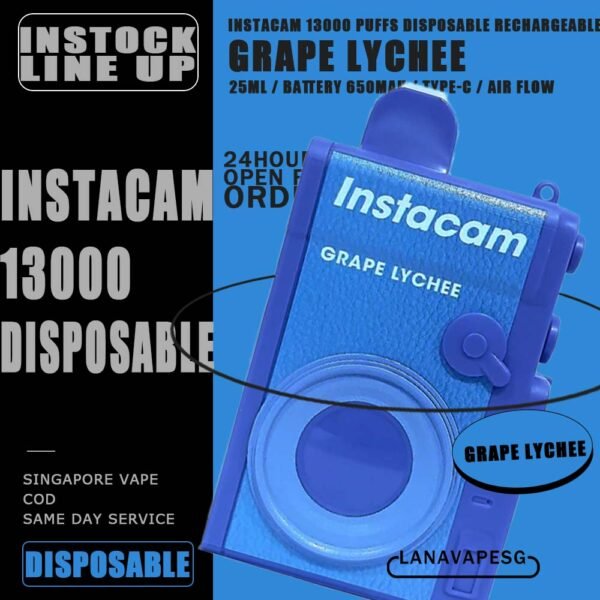 INSTACAM 13000 DISPOSABLE - VAPE SG INSTACAM 13K PUFFS DISPOSABLE is a Malaysian E-Cigarette specially produced to suits the Malaysian taste buds with rich aromas and delicious flavors. INSTACAM 13000 Product is got 10pcs flavours line up , choose your flavour and get it now with us! Specification : Approx. 13000 Puffs Capacity: 25ml Rechargeable Battery 650mAh Charging Port: Type-C Smooth Air Flow ⚠️INSTACAM 13000 DISPOSABLE FLAVOUR LINE UP⚠️ Strawberry Ice Cream Sundae Double Mango Candy Grape Bubblegum Blackcurrant Melon Strawberry Mango Solero Watermelon Kiwi Super Grape Grape Lychee SG VAPE COD SAME DAY DELIVERY , CASH ON DELIVERY ONLY. ORDER BEFORE 5PM , SAME DAY NIGHT SLOT 7PM – 10PM RECEIVED PARCEL. TAKE BULK ORDER /MORE ORDER PLS CONTACT US : LANAVAPESG WHATSAPP VIEW OUR DAILY NEWS INFORMATION VAPE : LANAVAPESG CHANNEL
