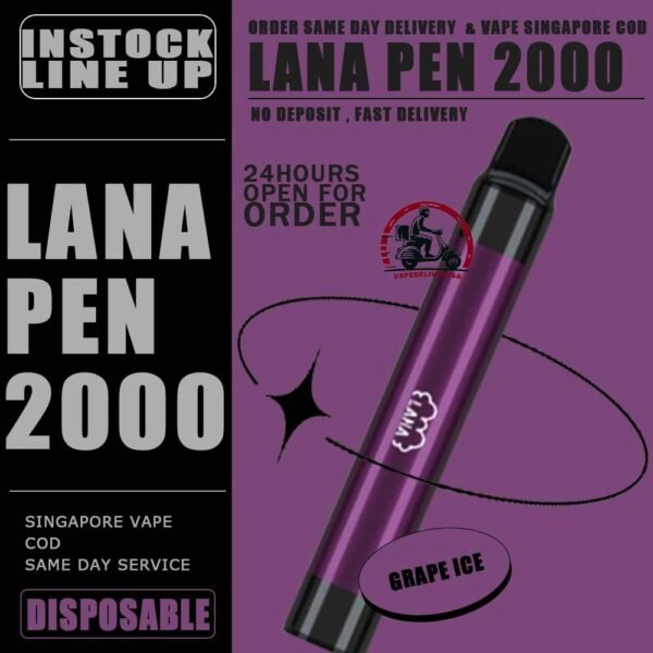 LANA PEN 2000 / 2K DISPOSABLE - VAPE DELIVERY SG SINGAPORE The LANA PEN support 2K puffs Disposable for you ejoy whole day, at our vape shop singapore READY STOCK. It's Non-Rechargeable , Finished after just throwaway! The LANA PEN 2000 DISPOSABLE has a fashionable appearance. It uses a stainless steel tube as a carrier and wraps a layer of transparent glass. Lana always pays attention to the user's comfort and brings customers the ultimate holding experience. The Lana pen is equipped with a high-quality filter cotton core, and the newly developed fog Chemical technology, intelligent temperature control chip, the cigarette holder adopts ergonomic design, which fits most people's lips and creates a natural smoking experience. The Lana pen does not need to be charged repeatedly and can be thrown away after use. The built-in battery capacity of 1000mAh, 6ml of cigarette The oil reserve ensures that users can finish each Lana pen, and each Lana pen can pump 2000puffs on average. Lana pays attention to the use experience of each customer and continuously improves the product, only to bring better products to customers. Specifition : Nicotine : 3.5% E-Liquid : 6ml Capacity : 6ml Non-Rechargeable ⚠️LANA PEN 2000 DISPOSABLE FLAVOUR LIST⚠️ Apple Berry Coke Grape Lush Ice Lychee Mango Milkshake Mineral Mixed Fruit Passion Peach Skittles Strawberry Strw Watermelon Tie Guan Yin Lemon Tart Cantaloupe Super Mint Coconut Juice Lime Passion Fruit SG VAPE COD SAME DAY DELIVERY , CASH ON DELIVERY ONLY. TAKE BULK ORDER /MORE ORDER PLS CONTACT ME : VAPEDELIVERYSG VIEW OUR DAILY NEWS INFORMATION VAPE : TELEGRAM CHANNEL