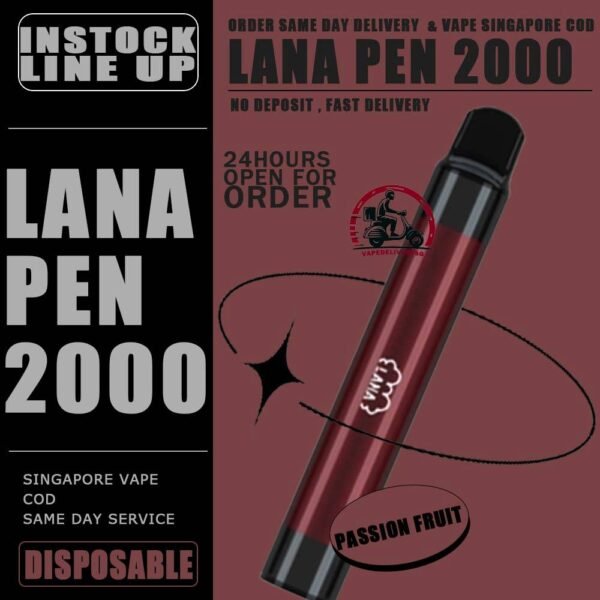 LANA PEN 2000 / 2K DISPOSABLE - VAPE DELIVERY SG SINGAPORE The LANA PEN support 2K puffs Disposable for you ejoy whole day, at our vape shop singapore READY STOCK. It's Non-Rechargeable , Finished after just throwaway! The LANA PEN 2000 DISPOSABLE has a fashionable appearance. It uses a stainless steel tube as a carrier and wraps a layer of transparent glass. Lana always pays attention to the user's comfort and brings customers the ultimate holding experience. The Lana pen is equipped with a high-quality filter cotton core, and the newly developed fog Chemical technology, intelligent temperature control chip, the cigarette holder adopts ergonomic design, which fits most people's lips and creates a natural smoking experience. The Lana pen does not need to be charged repeatedly and can be thrown away after use. The built-in battery capacity of 1000mAh, 6ml of cigarette The oil reserve ensures that users can finish each Lana pen, and each Lana pen can pump 2000puffs on average. Lana pays attention to the use experience of each customer and continuously improves the product, only to bring better products to customers. Specifition : Nicotine : 3.5% E-Liquid : 6ml Capacity : 6ml Non-Rechargeable ⚠️LANA PEN 2000 DISPOSABLE FLAVOUR LIST⚠️ Apple Berry Coke Grape Lush Ice Lychee Mango Milkshake Mineral Mixed Fruit Passion Peach Skittles Strawberry Strw Watermelon Tie Guan Yin Lemon Tart Cantaloupe Super Mint Coconut Juice Lime Passion Fruit SG VAPE COD SAME DAY DELIVERY , CASH ON DELIVERY ONLY. TAKE BULK ORDER /MORE ORDER PLS CONTACT ME : VAPEDELIVERYSG VIEW OUR DAILY NEWS INFORMATION VAPE : TELEGRAM CHANNEL