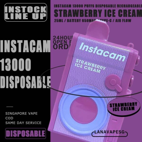 INSTACAM 13000 DISPOSABLE - VAPE SG INSTACAM 13K PUFFS DISPOSABLE is a Malaysian E-Cigarette specially produced to suits the Malaysian taste buds with rich aromas and delicious flavors. INSTACAM 13000 Product is got 10pcs flavours line up , choose your flavour and get it now with us! Specification : Approx. 13000 Puffs Capacity: 25ml Rechargeable Battery 650mAh Charging Port: Type-C Smooth Air Flow ⚠️INSTACAM 13000 DISPOSABLE FLAVOUR LINE UP⚠️ Strawberry Ice Cream Sundae Double Mango Candy Grape Bubblegum Blackcurrant Melon Strawberry Mango Solero Watermelon Kiwi Super Grape Grape Lychee SG VAPE COD SAME DAY DELIVERY , CASH ON DELIVERY ONLY. ORDER BEFORE 5PM , SAME DAY NIGHT SLOT 7PM – 10PM RECEIVED PARCEL. TAKE BULK ORDER /MORE ORDER PLS CONTACT US : LANAVAPESG WHATSAPP VIEW OUR DAILY NEWS INFORMATION VAPE : LANAVAPESG CHANNEL