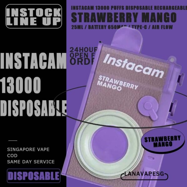 INSTACAM 13000 DISPOSABLE - VAPE SG INSTACAM 13K PUFFS DISPOSABLE is a Malaysian E-Cigarette specially produced to suits the Malaysian taste buds with rich aromas and delicious flavors. INSTACAM 13000 Product is got 10pcs flavours line up , choose your flavour and get it now with us! Specification : Approx. 13000 Puffs Capacity: 25ml Rechargeable Battery 650mAh Charging Port: Type-C Smooth Air Flow ⚠️INSTACAM 13000 DISPOSABLE FLAVOUR LINE UP⚠️ Strawberry Ice Cream Sundae Double Mango Candy Grape Bubblegum Blackcurrant Melon Strawberry Mango Solero Watermelon Kiwi Super Grape Grape Lychee SG VAPE COD SAME DAY DELIVERY , CASH ON DELIVERY ONLY. ORDER BEFORE 5PM , SAME DAY NIGHT SLOT 7PM – 10PM RECEIVED PARCEL. TAKE BULK ORDER /MORE ORDER PLS CONTACT US : LANAVAPESG WHATSAPP VIEW OUR DAILY NEWS INFORMATION VAPE : LANAVAPESG CHANNEL