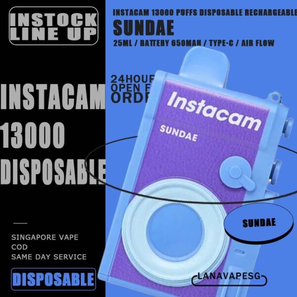 INSTACAM 13000 DISPOSABLE - VAPE SG INSTACAM 13K PUFFS DISPOSABLE is a Malaysian E-Cigarette specially produced to suits the Malaysian taste buds with rich aromas and delicious flavors. INSTACAM 13000 Product is got 10pcs flavours line up , choose your flavour and get it now with us! Specification : Approx. 13000 Puffs Capacity: 25ml Rechargeable Battery 650mAh Charging Port: Type-C Smooth Air Flow ⚠️INSTACAM 13000 DISPOSABLE FLAVOUR LINE UP⚠️ Strawberry Ice Cream Sundae Double Mango Candy Grape Bubblegum Blackcurrant Melon Strawberry Mango Solero Watermelon Kiwi Super Grape Grape Lychee SG VAPE COD SAME DAY DELIVERY , CASH ON DELIVERY ONLY. ORDER BEFORE 5PM , SAME DAY NIGHT SLOT 7PM – 10PM RECEIVED PARCEL. TAKE BULK ORDER /MORE ORDER PLS CONTACT US : LANAVAPESG WHATSAPP VIEW OUR DAILY NEWS INFORMATION VAPE : LANAVAPESG CHANNEL