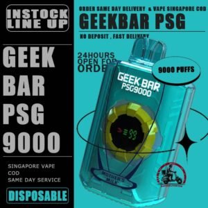 GEEK BAR PSG 9000 DISPOSABLE - VAPE DELIVERY SG SINGAPORE Unleash the power of vaping with the GEEK BAR PSG 9000 Puffs Disposable Pod. Experience an astounding capacity of up to 9000 puffs, ensuring prolonged enjoyment without the hassle of frequent replacements. Embrace the convenience of its Type C Rechargeable feature, allowing you to recharge and savor your favorite flavors at your convenience Stay in control and never miss a beat with the Smart Screen Indicator, keeping you updated on both battery and e-liquid levels in real-time. With Adjustable Airflow, tailor your vaping experience to perfection, delivering smooth and flavorful clouds that suit your unique preferences. Elevate your vaping journey today and enjoy unmatched performance, convenience, and satisfaction with the GEEKBAR! Specifications: Approx.9000 Puffs Rechargeable Battery Adjustable Airflow Charging Port: Type-C ⚠️GEEK BAR PSG 9000 FLAVOUR LIST⚠️ Chocolate Mocha Classic Double Rootbeer Grape Blackcurrant Mango Blackcurrent Mix Berries Sirap Bandung Strawberry Watermelon Triple Mango Vanilla Cream Puff Watermelon Pear Dewberry Cream Honeydew Melon Mango Pineapple Mother Milk Juicy Watermelon Apple Asam boi Ice Popsicle Strawberry Lemonade SG VAPE COD SAME DAY DELIVERY , CASH ON DELIVERY ONLY. TAKE BULK ORDER /MORE ORDER PLS CONTACT ME : VAPEDELIVERYSG VIEW OUR DAILY NEWS INFORMATION VAPE : TELEGRAM CHANNEL