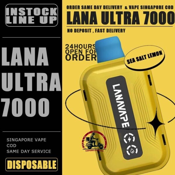 LANA ULTRA 7000 DISPOSABLE - VAPE DELIVERY SG SINGAPORE The LANA Ultra 7000 Puffs disposable vape is a vaporizer that contains 3% nicotine. This disposable device is designed to provide users with the best quality vapor possible, making it an excellent choice for those who enjoy nicotine. This device was specifically created to offer a superior experience for nicotine enthusiasts and can enhance your buzz for a significant amount of time. lt's featured an intelligent LED display shows the battery life and eliquid indicator. The battery life is shown in a percentage. The e-Liquid indicator is shown as a waterdrop let with lines in it. It is with mesh coil. These devices use a heating element that has mesh material, creating a larger surface area for the e-liquid to contact and heat up evenly. The more lines in the droplet, the higher the juice amount is. It is the perfect choice for vapers looking for a high-quality, long-lasting, and convenient vape. With its impressive 10ML capacity and 550mAh battery, this device is designed to last fordays, delivering up to 7000 puffs per device. The LANA Ultra 7000 Puffs disposable vape with strong flavors that outlast the competition. Specifition :  Nicotine 30mg (3%) Approx. 7000 puffs Capacity 10ml Rechargeable Battery 550mAh Charging Port: Type-C ⚠️LANA ULTRA 7000 DISPOSABLE FLAVOUR LINE UP⚠️ Chilled Watermelon Cool Lychee Cool Sarsi Double Mint Dongding Oolong Tea Grape Ribena Honey Grape Jasmine Longjing Tea Lemon Cola Lemon Grapefruit Mango Yakult Mixed Berries Mung Bean Ice Peach Oolong Sea Salt Lemon Super Passion Fruit Strawberry Kiwi Strawberry Watermelon Tieguanyin Tea Ultra Freeze SG VAPE COD SAME DAY DELIVERY , CASH ON DELIVERY ONLY. TAKE BULK ORDER /MORE ORDER PLS CONTACT ME : VAPEDELIVERYSG VIEW OUR DAILY NEWS INFORMATION VAPE : TELEGRAM CHANNEL