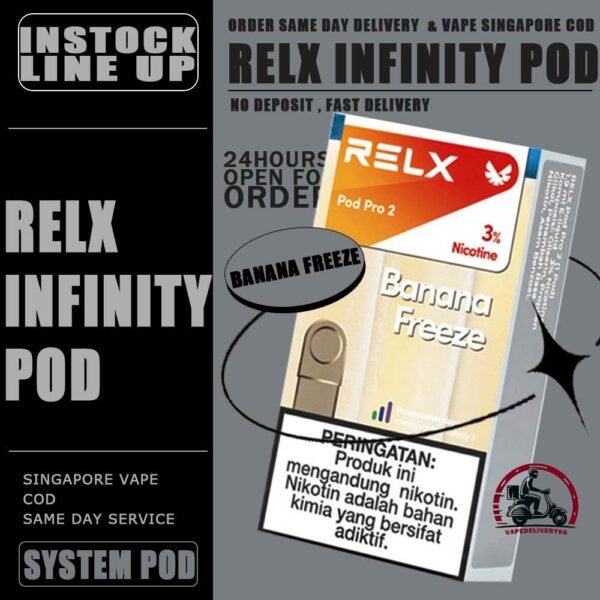 RELX INFINITY POD - VAPE DELIVERY SG SINGAPORE RELX Infinity pod come in a wide range of flavors with a massive 2ml capacity for its pre-filled nicotine salt e-juice pods that lasts approximately 650 puffs. Discover out signature Menthol Xtra 5% Nicotine flavor, alongside popular options like Infinity Pod Watermelon Ice, Tangy Grape , Mint Freeze , Jasmine Green Tea, Strawberry Burst, and Oolong Tea. For those craving extra sweetness, you can also enjoy Root Brew or Dark Sparkle flavors. Specifications : Capacity: 2ml Life Span: 500-650 puff Package Include : 1 Pack of 3 Pods ⚠️RELX INFINITY POD FLAVOUR LINE UP⚠️ Blueberry Splash Crisp Apple Jasmine Green Tea Pink Guava Root Brew Honey Pomelo Fresh Peach Lychee Ice Lemon Zest Honeydew Melon Iced Latte White Coffee Thai Milk Tea Smooth Mango Orange Sparkle Strawberry Burst Dark Sparkle Lime Sparkle Banana Freeze Ludou Ice Lime Ice Taro Scoop Oolong Tea LongJing Tea Iced Black Tea Tangy Grape Watermelon Ice Menthol Xtra Mint Freeze Lemon Mint Rich Tobacco Classic Tobacco Menthol Extra 0mg Watermelon Ice 0mg ⚠️RELX INFINITY POD COMPATIBLE WITH⚠️ DD Cube Device Relx Infinity Device Relx Phantom Device Relx Infinity 2 Device Lana Infinity Device Relx Artisan SG VAPE COD SAME DAY DELIVERY , CASH ON DELIVERY ONLY. TAKE BULK ORDER /MORE ORDER PLS CONTACT ME : VAPEDELIVERYSG VIEW OUR DAILY NEWS INFORMATION VAPE : TELEGRAM CHANNEL