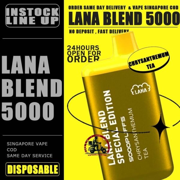 LANA BLEND EDITION 5000 DISPOSABLE - VAPE DELIVERY SG SINGAPORE Lana Blend Edition 5000 Disposable Tie Guan Yin Vape is a compact and stylish disposable vape kit that offers a convenient and satisfying vaping experince,it is perfect for those who prefer a simple yet stylish look. One of the standout features of the Lanabar 5000 is its flavour optiones. The device offers a range of flavours to choose from, each with its own unique taste profile. The flavours are well-balanced do not contain any harsh or irritant ingredients, making for a smooth and enjoyable vaping exprience. whether you prefer sweet, fruity or menthol flavors, the lanabar 5000 has something for everyone. Another advantage of the lanabar 5000 is its size and portability. Specifications : Puff : 5000 Puffs Nicotine : 3% Capacity : 13ml Battery : 850mAh Charging : Rechargeable with Type C ⚠️LANA BLEND SPECIAL 5000 FLAVOUR LINE UP⚠️ Aloe Yogurt Mango Peach Ice Strawberry Mango Ice Grape Apple Ice Grape Honey Grape Bubblegum Double Mint Chrysanthemum Tea Ice Lemon Tea Sea Salt Lemon Tie Guan Yin Yakult Watermelon Bubblegum Honeydew Watermelon Pomelo White Tea SG VAPE COD SAME DAY DELIVERY , CASH ON DELIVERY ONLY. TAKE BULK ORDER /MORE ORDER PLS CONTACT ME : VAPEDELIVERYSG VIEW OUR DAILY NEWS INFORMATION VAPE : TELEGRAM CHANNEL