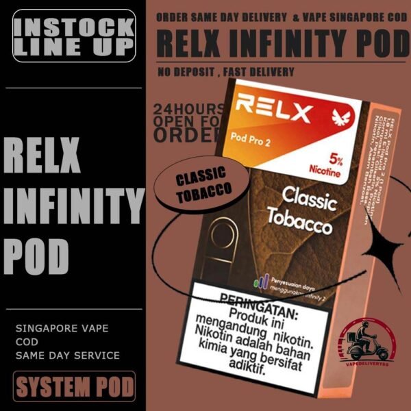 RELX INFINITY POD - VAPE DELIVERY SG SINGAPORE RELX Infinity pod come in a wide range of flavors with a massive 2ml capacity for its pre-filled nicotine salt e-juice pods that lasts approximately 650 puffs. Discover out signature Menthol Xtra 5% Nicotine flavor, alongside popular options like Infinity Pod Watermelon Ice, Tangy Grape , Mint Freeze , Jasmine Green Tea, Strawberry Burst, and Oolong Tea. For those craving extra sweetness, you can also enjoy Root Brew or Dark Sparkle flavors. Specifications : Capacity: 2ml Life Span: 500-650 puff Package Include : 1 Pack of 3 Pods ⚠️RELX INFINITY POD FLAVOUR LINE UP⚠️ Blueberry Splash Crisp Apple Jasmine Green Tea Pink Guava Root Brew Honey Pomelo Fresh Peach Lychee Ice Lemon Zest Honeydew Melon Iced Latte White Coffee Thai Milk Tea Smooth Mango Orange Sparkle Strawberry Burst Dark Sparkle Lime Sparkle Banana Freeze Ludou Ice Lime Ice Taro Scoop Oolong Tea LongJing Tea Iced Black Tea Tangy Grape Watermelon Ice Menthol Xtra Mint Freeze Lemon Mint Rich Tobacco Classic Tobacco Menthol Extra 0mg Watermelon Ice 0mg ⚠️RELX INFINITY POD COMPATIBLE WITH⚠️ DD Cube Device Relx Infinity Device Relx Phantom Device Relx Infinity 2 Device Lana Infinity Device Relx Artisan SG VAPE COD SAME DAY DELIVERY , CASH ON DELIVERY ONLY. TAKE BULK ORDER /MORE ORDER PLS CONTACT ME : VAPEDELIVERYSG VIEW OUR DAILY NEWS INFORMATION VAPE : TELEGRAM CHANNEL