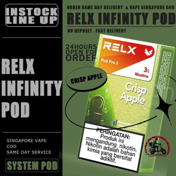 RELX INFINITY POD - VAPE DELIVERY SG SINGAPORE RELX Infinity pod come in a wide range of flavors with a massive 2ml capacity for its pre-filled nicotine salt e-juice pods that lasts approximately 650 puffs. Discover out signature Menthol Xtra 5% Nicotine flavor, alongside popular options like Infinity Pod Watermelon Ice, Tangy Grape , Mint Freeze , Jasmine Green Tea, Strawberry Burst, and Oolong Tea. For those craving extra sweetness, you can also enjoy Root Brew or Dark Sparkle flavors. Specifications : Capacity: 2ml Life Span: 500-650 puff Package Include : 1 Pack of 3 Pods ⚠️RELX INFINITY POD FLAVOUR LINE UP⚠️ Blueberry Splash Crisp Apple Jasmine Green Tea Pink Guava Root Brew Honey Pomelo Fresh Peach Lychee Ice Lemon Zest Honeydew Melon Iced Latte White Coffee Thai Milk Tea Smooth Mango Orange Sparkle Strawberry Burst Dark Sparkle Lime Sparkle Banana Freeze Ludou Ice Lime Ice Taro Scoop Oolong Tea LongJing Tea Iced Black Tea Tangy Grape Watermelon Ice Menthol Xtra Mint Freeze Lemon Mint Rich Tobacco Classic Tobacco Menthol Extra 0mg Watermelon Ice 0mg ⚠️RELX INFINITY POD COMPATIBLE WITH⚠️ DD Cube Device Relx Infinity Device Relx Phantom Device Relx Infinity 2 Device Lana Infinity Device Relx Artisan SG VAPE COD SAME DAY DELIVERY , CASH ON DELIVERY ONLY. TAKE BULK ORDER /MORE ORDER PLS CONTACT ME : VAPEDELIVERYSG VIEW OUR DAILY NEWS INFORMATION VAPE : TELEGRAM CHANNEL