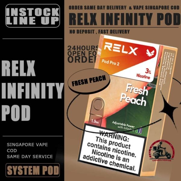RELX INFINITY POD - VAPE DELIVERY SG SINGAPORE RELX Infinity pod come in a wide range of flavors with a massive 2ml capacity for its pre-filled nicotine salt e-juice pods that lasts approximately 650 puffs. Discover out signature Menthol Xtra 5% Nicotine flavor, alongside popular options like Infinity Pod Watermelon Ice, Tangy Grape , Mint Freeze , Jasmine Green Tea, Strawberry Burst, and Oolong Tea. For those craving extra sweetness, you can also enjoy Root Brew or Dark Sparkle flavors. Specifications : Capacity: 2ml Life Span: 500-650 puff Package Include : 1 Pack of 3 Pods ⚠️RELX INFINITY POD FLAVOUR LINE UP⚠️ Blueberry Splash Crisp Apple Jasmine Green Tea Pink Guava Root Brew Honey Pomelo Fresh Peach Lychee Ice Lemon Zest Honeydew Melon Iced Latte White Coffee Thai Milk Tea Smooth Mango Orange Sparkle Strawberry Burst Dark Sparkle Lime Sparkle Banana Freeze Ludou Ice Lime Ice Taro Scoop Oolong Tea LongJing Tea Iced Black Tea Tangy Grape Watermelon Ice Menthol Xtra Mint Freeze Lemon Mint Rich Tobacco Classic Tobacco Menthol Extra 0mg Watermelon Ice 0mg ⚠️RELX INFINITY POD COMPATIBLE WITH⚠️ DD Cube Device Relx Infinity Device Relx Phantom Device Relx Infinity 2 Device Lana Infinity Device Relx Artisan SG VAPE COD SAME DAY DELIVERY , CASH ON DELIVERY ONLY. TAKE BULK ORDER /MORE ORDER PLS CONTACT ME : VAPEDELIVERYSG VIEW OUR DAILY NEWS INFORMATION VAPE : TELEGRAM CHANNEL