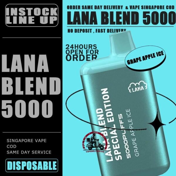 LANA BLEND EDITION 5000 DISPOSABLE - VAPE DELIVERY SG SINGAPORE Lana Blend Edition 5000 Disposable Tie Guan Yin Vape is a compact and stylish disposable vape kit that offers a convenient and satisfying vaping experince,it is perfect for those who prefer a simple yet stylish look. One of the standout features of the Lanabar 5000 is its flavour optiones. The device offers a range of flavours to choose from, each with its own unique taste profile. The flavours are well-balanced do not contain any harsh or irritant ingredients, making for a smooth and enjoyable vaping exprience. whether you prefer sweet, fruity or menthol flavors, the lanabar 5000 has something for everyone. Another advantage of the lanabar 5000 is its size and portability. Specifications : Puff : 5000 Puffs Nicotine : 3% Capacity : 13ml Battery : 850mAh Charging : Rechargeable with Type C ⚠️LANA BLEND SPECIAL 5000 FLAVOUR LINE UP⚠️ Aloe Yogurt Mango Peach Ice Strawberry Mango Ice Grape Apple Ice Grape Honey Grape Bubblegum Double Mint Chrysanthemum Tea Ice Lemon Tea Sea Salt Lemon Tie Guan Yin Yakult Watermelon Bubblegum Honeydew Watermelon Pomelo White Tea SG VAPE COD SAME DAY DELIVERY , CASH ON DELIVERY ONLY. TAKE BULK ORDER /MORE ORDER PLS CONTACT ME : VAPEDELIVERYSG VIEW OUR DAILY NEWS INFORMATION VAPE : TELEGRAM CHANNEL