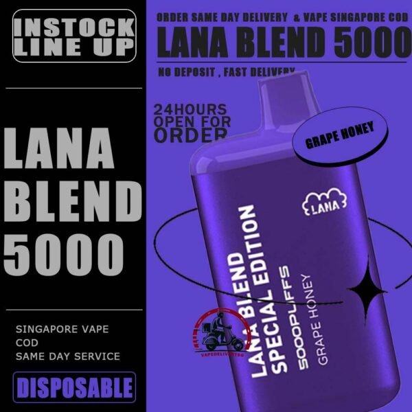 LANA BLEND EDITION 5000 DISPOSABLE - VAPE DELIVERY SG SINGAPORE Lana Blend Edition 5000 Disposable Tie Guan Yin Vape is a compact and stylish disposable vape kit that offers a convenient and satisfying vaping experince,it is perfect for those who prefer a simple yet stylish look. One of the standout features of the Lanabar 5000 is its flavour optiones. The device offers a range of flavours to choose from, each with its own unique taste profile. The flavours are well-balanced do not contain any harsh or irritant ingredients, making for a smooth and enjoyable vaping exprience. whether you prefer sweet, fruity or menthol flavors, the lanabar 5000 has something for everyone. Another advantage of the lanabar 5000 is its size and portability. Specifications : Puff : 5000 Puffs Nicotine : 3% Capacity : 13ml Battery : 850mAh Charging : Rechargeable with Type C ⚠️LANA BLEND SPECIAL 5000 FLAVOUR LINE UP⚠️ Aloe Yogurt Mango Peach Ice Strawberry Mango Ice Grape Apple Ice Grape Honey Grape Bubblegum Double Mint Chrysanthemum Tea Ice Lemon Tea Sea Salt Lemon Tie Guan Yin Yakult Watermelon Bubblegum Honeydew Watermelon Pomelo White Tea SG VAPE COD SAME DAY DELIVERY , CASH ON DELIVERY ONLY. TAKE BULK ORDER /MORE ORDER PLS CONTACT ME : VAPEDELIVERYSG VIEW OUR DAILY NEWS INFORMATION VAPE : TELEGRAM CHANNEL