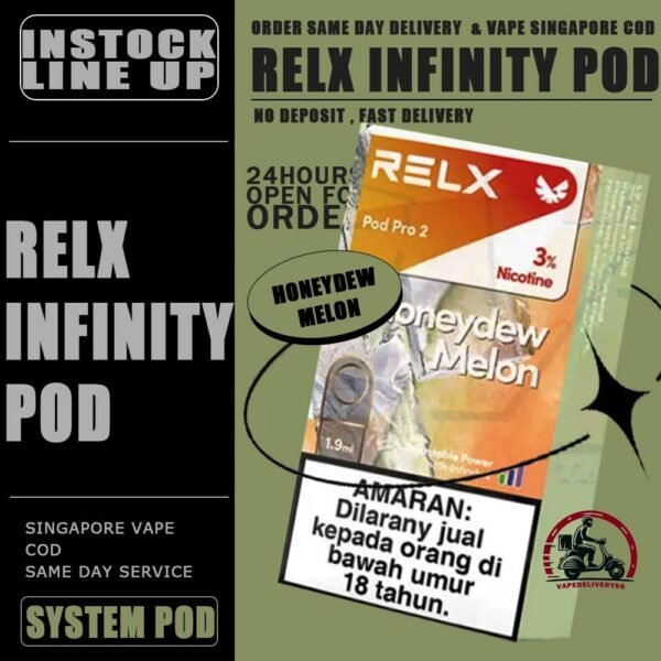 RELX INFINITY POD - VAPE DELIVERY SG SINGAPORE RELX Infinity pod come in a wide range of flavors with a massive 2ml capacity for its pre-filled nicotine salt e-juice pods that lasts approximately 650 puffs. Discover out signature Menthol Xtra 5% Nicotine flavor, alongside popular options like Infinity Pod Watermelon Ice, Tangy Grape , Mint Freeze , Jasmine Green Tea, Strawberry Burst, and Oolong Tea. For those craving extra sweetness, you can also enjoy Root Brew or Dark Sparkle flavors. Specifications : Capacity: 2ml Life Span: 500-650 puff Package Include : 1 Pack of 3 Pods ⚠️RELX INFINITY POD FLAVOUR LINE UP⚠️ Blueberry Splash Crisp Apple Jasmine Green Tea Pink Guava Root Brew Honey Pomelo Fresh Peach Lychee Ice Lemon Zest Honeydew Melon Iced Latte White Coffee Thai Milk Tea Smooth Mango Orange Sparkle Strawberry Burst Dark Sparkle Lime Sparkle Banana Freeze Ludou Ice Lime Ice Taro Scoop Oolong Tea LongJing Tea Iced Black Tea Tangy Grape Watermelon Ice Menthol Xtra Mint Freeze Lemon Mint Rich Tobacco Classic Tobacco Menthol Extra 0mg Watermelon Ice 0mg ⚠️RELX INFINITY POD COMPATIBLE WITH⚠️ DD Cube Device Relx Infinity Device Relx Phantom Device Relx Infinity 2 Device Lana Infinity Device Relx Artisan SG VAPE COD SAME DAY DELIVERY , CASH ON DELIVERY ONLY. TAKE BULK ORDER /MORE ORDER PLS CONTACT ME : VAPEDELIVERYSG VIEW OUR DAILY NEWS INFORMATION VAPE : TELEGRAM CHANNEL