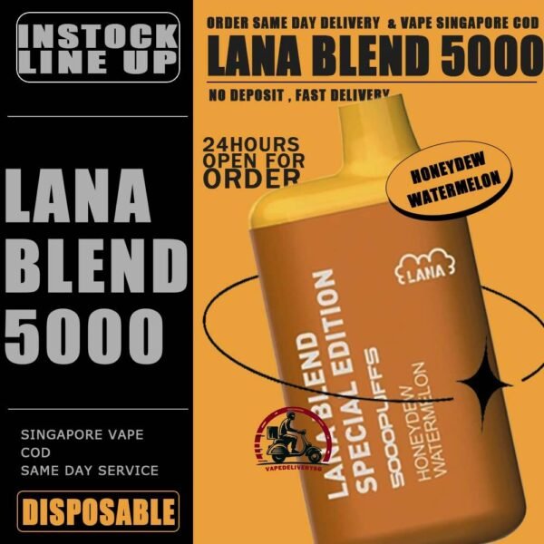 LANA BLEND EDITION 5000 DISPOSABLE - VAPE DELIVERY SG SINGAPORE Lana Blend Edition 5000 Disposable Tie Guan Yin Vape is a compact and stylish disposable vape kit that offers a convenient and satisfying vaping experince,it is perfect for those who prefer a simple yet stylish look. One of the standout features of the Lanabar 5000 is its flavour optiones. The device offers a range of flavours to choose from, each with its own unique taste profile. The flavours are well-balanced do not contain any harsh or irritant ingredients, making for a smooth and enjoyable vaping exprience. whether you prefer sweet, fruity or menthol flavors, the lanabar 5000 has something for everyone. Another advantage of the lanabar 5000 is its size and portability. Specifications : Puff : 5000 Puffs Nicotine : 3% Capacity : 13ml Battery : 850mAh Charging : Rechargeable with Type C ⚠️LANA BLEND SPECIAL 5000 FLAVOUR LINE UP⚠️ Aloe Yogurt Mango Peach Ice Strawberry Mango Ice Grape Apple Ice Grape Honey Grape Bubblegum Double Mint Chrysanthemum Tea Ice Lemon Tea Sea Salt Lemon Tie Guan Yin Yakult Watermelon Bubblegum Honeydew Watermelon Pomelo White Tea SG VAPE COD SAME DAY DELIVERY , CASH ON DELIVERY ONLY. TAKE BULK ORDER /MORE ORDER PLS CONTACT ME : VAPEDELIVERYSG VIEW OUR DAILY NEWS INFORMATION VAPE : TELEGRAM CHANNEL