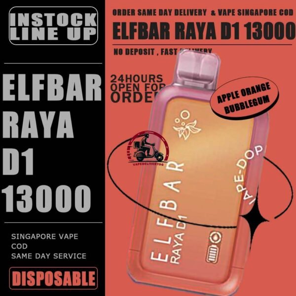 ELFBAR RAYA D1 13000 DISPOSABLE - VAPE DELIVERY SG SINGAPORE The Elfbar D1 Raya 13k with 13000 puffs is a cutting-edge disposable pod device designed for an extended and satisfying vaping experience . Boasting an impressive puff capacity , this device delivers a long-lasting and flavorful journey . With its innovative technology , Elfbar ensures a hassle-free and convenient vaping solution. The Raya D1 variant offers a delightful blend of watermelon and honeydew flavours , Providing a refershing and enjoyable taste profile . Ideal for user seeking a high-puff option , the Elfbar D1 Raya promises an immersive vaping session with every draw . Moreover, it featuring a screen display that will provide you with information about battery power and the remaining liquid level in your RAYA D1! Specification : Approx. 13000 Puffs Capacity 18ml Rechargeable Battery 650mAh Anti Dry-Burn Protection E-liquid & Power Display Screen Charging Port: Type-C ⚠️ELFBAR RAYA D1 13000 DISPOSABLE FLAVOUR LINE UP⚠️ Apple Orange Bubblegum Kiwi Guava Grape Mango Lychee Bubblegum Mango Strawberry Ice Cream Peach Lychee Blackcurrant Ribena Lychee Solero Strawberry Guava Lychee Juicy Peach Cola Masam Bubblegum Mix Berries Sour Bubblegum SG VAPE COD SAME DAY DELIVERY , CASH ON DELIVERY ONLY. TAKE BULK ORDER /MORE ORDER PLS CONTACT ME : VAPEDELIVERYSG VIEW OUR DAILY NEWS INFORMATION VAPE : TELEGRAM CHANNEL