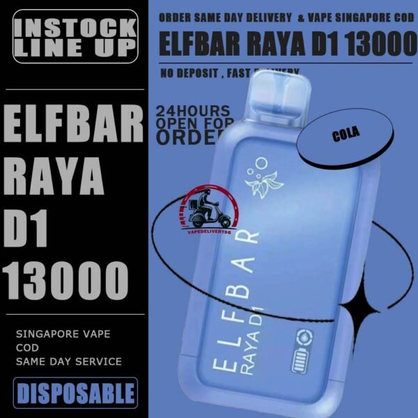 ELFBAR RAYA D1 13000 DISPOSABLE - VAPE DELIVERY SG SINGAPORE The Elfbar D1 Raya 13k with 13000 puffs is a cutting-edge disposable pod device designed for an extended and satisfying vaping experience . Boasting an impressive puff capacity , this device delivers a long-lasting and flavorful journey . With its innovative technology , Elfbar ensures a hassle-free and convenient vaping solution. The Raya D1 variant offers a delightful blend of watermelon and honeydew flavours , Providing a refershing and enjoyable taste profile . Ideal for user seeking a high-puff option , the Elfbar D1 Raya promises an immersive vaping session with every draw . Moreover, it featuring a screen display that will provide you with information about battery power and the remaining liquid level in your RAYA D1! Specification : Approx. 13000 Puffs Capacity 18ml Rechargeable Battery 650mAh Anti Dry-Burn Protection E-liquid & Power Display Screen Charging Port: Type-C ⚠️ELFBAR RAYA D1 13000 DISPOSABLE FLAVOUR LINE UP⚠️ Apple Orange Bubblegum Kiwi Guava Grape Mango Lychee Bubblegum Mango Strawberry Ice Cream Peach Lychee Blackcurrant Ribena Lychee Solero Strawberry Guava Lychee Juicy Peach Cola Masam Bubblegum Mix Berries Sour Bubblegum SG VAPE COD SAME DAY DELIVERY , CASH ON DELIVERY ONLY. TAKE BULK ORDER /MORE ORDER PLS CONTACT ME : VAPEDELIVERYSG VIEW OUR DAILY NEWS INFORMATION VAPE : TELEGRAM CHANNEL