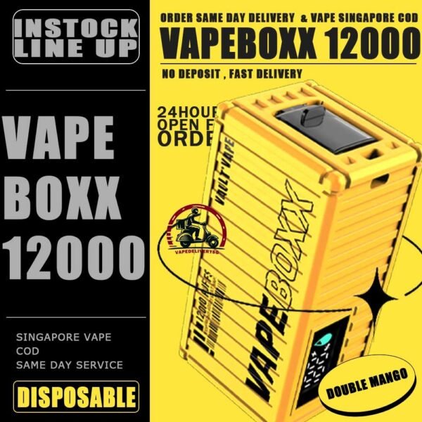 VAPEBOXX 12000 DISPOSABLE - VAPE DELIVERY SG SINGAPORE The VAPEBOXX 12000 Puffs disposable box from VAULT VAPE is an innovative addition to the vaping market, offering an impressive puff capacity of 12,000 hits with a 5% nicotine concentration. Overall, the VAPEBOXX 12000 Puffs disposable box appears to combine a high puff count with several user-friendly features, making it an appealing choice for vapers seeking convenience, performance, and customization options. Specifition : Smart Screen Display Hidden Foldable TIP Explosive Cloud Adjustable Airflow Convenient Landyard Compatible ⚠️VAPEBOXX 12000 DISPOSABLE FLAVOUR LIST⚠️ Hazelnut Coffee Honeydew Melon Gummy Bear Grape Yogurt Double Mango Solero Ice Cream Energy Bull Strawberry Ice Cream Grape Apple Mixed Fruits Sour Bubblegum Original Yakult Grape Sparkling Green Apple Sparkling Lychee Sparkling Blackcurrant Grape Watermelon Bubblegum Kiwi Strawberry Apple American Oat Energy Drink Freezy Grape Grapple Lychee Ice Mango Ice Mineral Water Pineapple Sparkling Cola Strawberry Ice Watermelon Ice SG VAPE COD SAME DAY DELIVERY , CASH ON DELIVERY ONLY. TAKE BULK ORDER /MORE ORDER PLS CONTACT ME : VAPEDELIVERYSG VIEW OUR DAILY NEWS INFORMATION VAPE : TELEGRAM CHANNEL