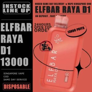 ELFBAR RAYA D1 13000 DISPOSABLE - VAPE DELIVERY SG SINGAPORE The Elfbar D1 Raya 13k with 13000 puffs is a cutting-edge disposable pod device designed for an extended and satisfying vaping experience . Boasting an impressive puff capacity , this device delivers a long-lasting and flavorful journey . With its innovative technology , Elfbar ensures a hassle-free and convenient vaping solution. The Raya D1 variant offers a delightful blend of watermelon and honeydew flavours , Providing a refershing and enjoyable taste profile . Ideal for user seeking a high-puff option , the Elfbar D1 Raya promises an immersive vaping session with every draw . Moreover, it featuring a screen display that will provide you with information about battery power and the remaining liquid level in your RAYA D1! Specification : Approx. 13000 Puffs Capacity 18ml Rechargeable Battery 650mAh Anti Dry-Burn Protection E-liquid & Power Display Screen Charging Port: Type-C ⚠️ELFBAR RAYA D1 13000 FLAVOUR LINE UP⚠️ Apple Orange Bubblegum Kiwi Guava Grape Mango Lychee Bubblegum Mango Strawberry Ice Cream Peach Lychee Blackcurrant Ribena Lychee Solero Strawberry Guava Lychee Juicy Peach Cola Masam Bubblegum Mix Berries Sour Bubblegum Mango King Strawberry Melon Funta Grape Kopi O Kaw Grape Slurpee Strawberry Cake Mango Guava SG VAPE COD SAME DAY DELIVERY , CASH ON DELIVERY ONLY. TAKE BULK ORDER /MORE ORDER PLS CONTACT ME : VAPEDELIVERYSG VIEW OUR DAILY NEWS INFORMATION VAPE : TELEGRAM CHANNEL