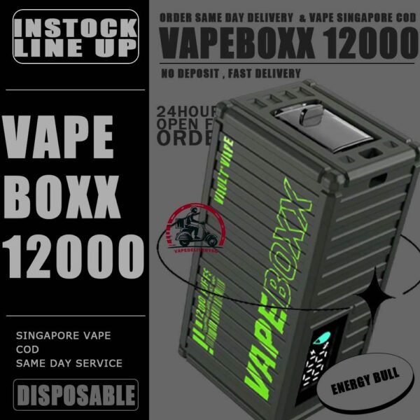 VAPEBOXX 12000 DISPOSABLE - VAPE DELIVERY SG SINGAPORE The VAPEBOXX 12000 Puffs disposable box from VAULT VAPE is an innovative addition to the vaping market, offering an impressive puff capacity of 12,000 hits with a 5% nicotine concentration. Overall, the VAPEBOXX 12000 Puffs disposable box appears to combine a high puff count with several user-friendly features, making it an appealing choice for vapers seeking convenience, performance, and customization options. Specifition : Smart Screen Display Hidden Foldable TIP Explosive Cloud Adjustable Airflow Convenient Landyard Compatible ⚠️VAPEBOXX 12000 DISPOSABLE FLAVOUR LIST⚠️ Hazelnut Coffee Honeydew Melon Gummy Bear Grape Yogurt Double Mango Solero Ice Cream Energy Bull Strawberry Ice Cream Grape Apple Mixed Fruits Sour Bubblegum Original Yakult Grape Sparkling Green Apple Sparkling Lychee Sparkling Blackcurrant Grape Watermelon Bubblegum Kiwi Strawberry Apple American Oat Energy Drink Freezy Grape Grapple Lychee Ice Mango Ice Mineral Water Pineapple Sparkling Cola Strawberry Ice Watermelon Ice SG VAPE COD SAME DAY DELIVERY , CASH ON DELIVERY ONLY. TAKE BULK ORDER /MORE ORDER PLS CONTACT ME : VAPEDELIVERYSG VIEW OUR DAILY NEWS INFORMATION VAPE : TELEGRAM CHANNEL