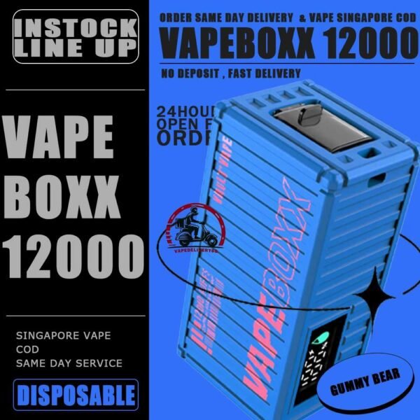 VAPEBOXX 12000 DISPOSABLE - VAPE DELIVERY SG SINGAPORE The VAPEBOXX 12000 Puffs disposable box from VAULT VAPE is an innovative addition to the vaping market, offering an impressive puff capacity of 12,000 hits with a 5% nicotine concentration. Overall, the VAPEBOXX 12000 Puffs disposable box appears to combine a high puff count with several user-friendly features, making it an appealing choice for vapers seeking convenience, performance, and customization options. Specifition : Smart Screen Display Hidden Foldable TIP Explosive Cloud Adjustable Airflow Convenient Landyard Compatible ⚠️VAPEBOXX 12000 DISPOSABLE FLAVOUR LIST⚠️ Hazelnut Coffee Honeydew Melon Gummy Bear Grape Yogurt Double Mango Solero Ice Cream Energy Bull Strawberry Ice Cream Grape Apple Mixed Fruits Sour Bubblegum Original Yakult Grape Sparkling Green Apple Sparkling Lychee Sparkling Blackcurrant Grape Watermelon Bubblegum Kiwi Strawberry Apple American Oat Energy Drink Freezy Grape Grapple Lychee Ice Mango Ice Mineral Water Pineapple Sparkling Cola Strawberry Ice Watermelon Ice SG VAPE COD SAME DAY DELIVERY , CASH ON DELIVERY ONLY. TAKE BULK ORDER /MORE ORDER PLS CONTACT ME : VAPEDELIVERYSG VIEW OUR DAILY NEWS INFORMATION VAPE : TELEGRAM CHANNEL