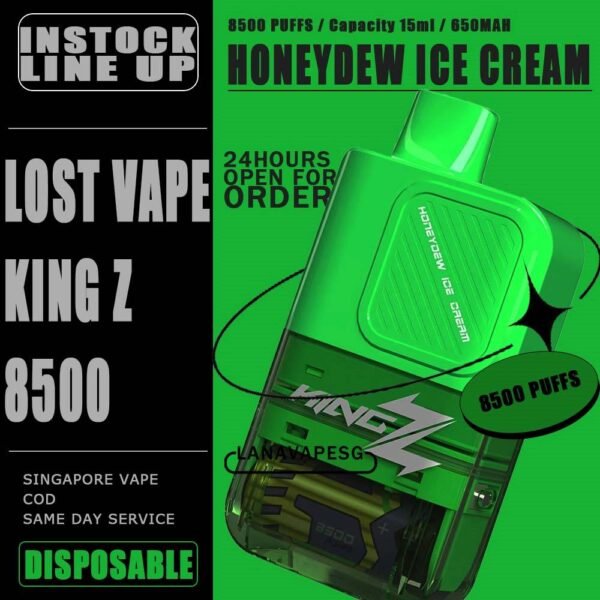 KING Z 8500 / 8.5K BY LOST VAPE DISPOSABLE The King Z 8500 / 8K Puffs Disposable By Lost Vape , in our Vape Singapore – LanaVapeSg Ready Stock on sale , Get it now with us and same day delivery . Specification : Approx. 8500 puffs Capacity 15ml Adjustable Airflow Rechargeable Battery 650mAh Charging Port: Type-C ⚠️KING Z 8500 BY LOST VAPE DISPOSABLE FLAVOUR⚠️ Grape Mango Honeydew Ice Cream Apple Strawberry Peach Mango YaKult White Velvet Cake Aloe Blackcurrant Strawberry Watermelon Strawberry Mango SG VAPE COD SAME DAY DELIVERY , CASH ON DELIVERY ONLY. ORDER BEFORE 5PM , SAME DAY NIGHT SLOT 7PM – 10PM RECEIVED PARCEL. TAKE BULK ORDER /MORE ORDER PLS CONTACT US : LANAVAPESG WHATSAPP VIEW OUR DAILY NEWS INFORMATION VAPE : LANAVAPESG CHANNEL