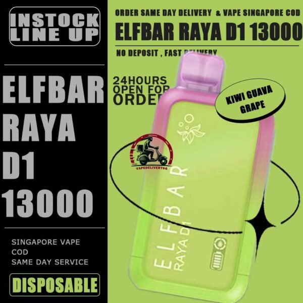 ELFBAR RAYA D1 13000 DISPOSABLE - VAPE DELIVERY SG SINGAPORE The Elfbar D1 Raya 13k with 13000 puffs is a cutting-edge disposable pod device designed for an extended and satisfying vaping experience . Boasting an impressive puff capacity , this device delivers a long-lasting and flavorful journey . With its innovative technology , Elfbar ensures a hassle-free and convenient vaping solution. The Raya D1 variant offers a delightful blend of watermelon and honeydew flavours , Providing a refershing and enjoyable taste profile . Ideal for user seeking a high-puff option , the Elfbar D1 Raya promises an immersive vaping session with every draw . Moreover, it featuring a screen display that will provide you with information about battery power and the remaining liquid level in your RAYA D1! Specification : Approx. 13000 Puffs Capacity 18ml Rechargeable Battery 650mAh Anti Dry-Burn Protection E-liquid & Power Display Screen Charging Port: Type-C ⚠️ELFBAR RAYA D1 13000 DISPOSABLE FLAVOUR LINE UP⚠️ Apple Orange Bubblegum Kiwi Guava Grape Mango Lychee Bubblegum Mango Strawberry Ice Cream Peach Lychee Blackcurrant Ribena Lychee Solero Strawberry Guava Lychee Juicy Peach Cola Masam Bubblegum Mix Berries Sour Bubblegum SG VAPE COD SAME DAY DELIVERY , CASH ON DELIVERY ONLY. TAKE BULK ORDER /MORE ORDER PLS CONTACT ME : VAPEDELIVERYSG VIEW OUR DAILY NEWS INFORMATION VAPE : TELEGRAM CHANNEL