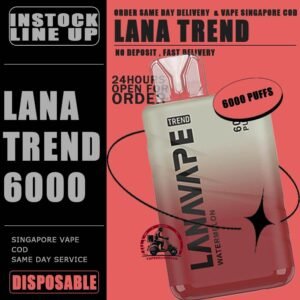 LANA TREND 6000 / 6K DISPOSABLE - VAPE DELIVERY SG SINGAPORE The Lana Trend 6000 Puffs Disposable Vape Powered by a 550mAh battery, the Lana Trend 6K goes the extra mile, offering an impressive 6K puffs on a single charge , Big farewell to the inconvenience of frequent recharges, and relish uninterrupted vaping throughout your day. The Lana Trend ditches buttons and complicated menus in favor of a user-friendly inhale activation system. Simply take a puff from the mouthpiece, and watch as it produces a discreet , satisfying vapor. Specifition : Nicotine (30mg) 3% Approx. 6000 Puffs Capacity 8ml Rechargeable Battery 550mAh Charging Port: Type-C ⚠️LANA TREND 6000 DISPOSABLE FLAVOUR⚠️ Tie Guan Yin Lychee Watermelon Grape Rootbeer Menthol Ice Peach Pomelo Jasmine Tea Thai Mango Spring Water Ice Lemon Tea Sakura Yogurt Taro Sago Dessert Guava Classic Tobacco SG VAPE COD SAME DAY DELIVERY , CASH ON DELIVERY ONLY. TAKE BULK ORDER /MORE ORDER PLS CONTACT ME : VAPEDELIVERYSG VIEW OUR DAILY NEWS INFORMATION VAPE : TELEGRAM CHANNEL