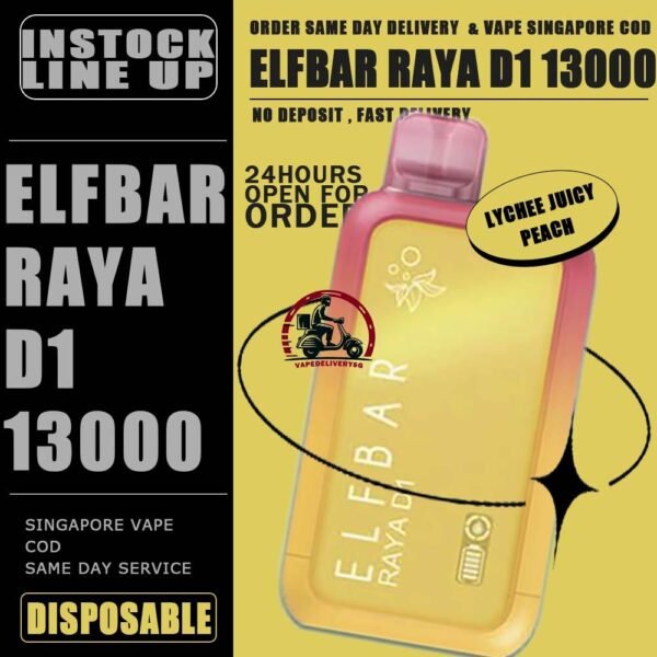 ELFBAR RAYA D1 13000 DISPOSABLE - VAPE DELIVERY SG SINGAPORE The Elfbar D1 Raya 13k with 13000 puffs is a cutting-edge disposable pod device designed for an extended and satisfying vaping experience . Boasting an impressive puff capacity , this device delivers a long-lasting and flavorful journey . With its innovative technology , Elfbar ensures a hassle-free and convenient vaping solution. The Raya D1 variant offers a delightful blend of watermelon and honeydew flavours , Providing a refershing and enjoyable taste profile . Ideal for user seeking a high-puff option , the Elfbar D1 Raya promises an immersive vaping session with every draw . Moreover, it featuring a screen display that will provide you with information about battery power and the remaining liquid level in your RAYA D1! Specification : Approx. 13000 Puffs Capacity 18ml Rechargeable Battery 650mAh Anti Dry-Burn Protection E-liquid & Power Display Screen Charging Port: Type-C ⚠️ELFBAR RAYA D1 13000 DISPOSABLE FLAVOUR LINE UP⚠️ Apple Orange Bubblegum Kiwi Guava Grape Mango Lychee Bubblegum Mango Strawberry Ice Cream Peach Lychee Blackcurrant Ribena Lychee Solero Strawberry Guava Lychee Juicy Peach Cola Masam Bubblegum Mix Berries Sour Bubblegum SG VAPE COD SAME DAY DELIVERY , CASH ON DELIVERY ONLY. TAKE BULK ORDER /MORE ORDER PLS CONTACT ME : VAPEDELIVERYSG VIEW OUR DAILY NEWS INFORMATION VAPE : TELEGRAM CHANNEL