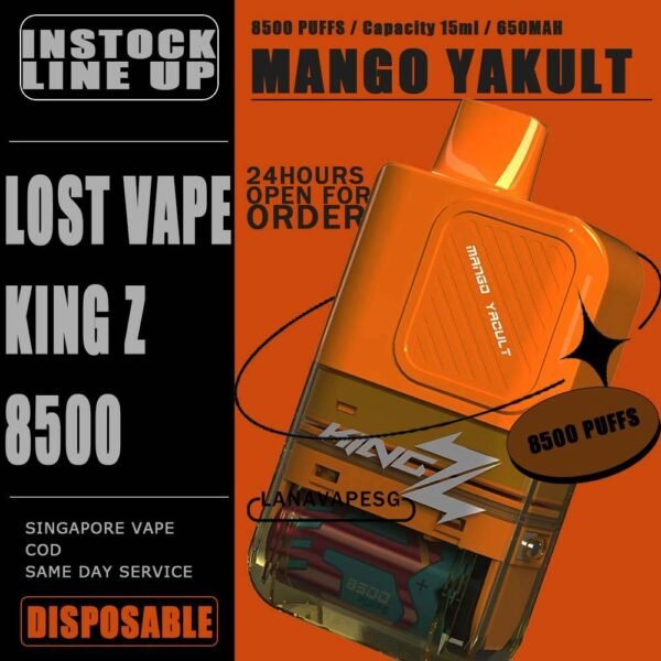 KING Z 8500 / 8.5K BY LOST VAPE DISPOSABLE The King Z 8500 / 8K Puffs Disposable By Lost Vape , in our Vape Singapore – LanaVapeSg Ready Stock on sale , Get it now with us and same day delivery . Specification : Approx. 8500 puffs Capacity 15ml Adjustable Airflow Rechargeable Battery 650mAh Charging Port: Type-C ⚠️KING Z 8500 BY LOST VAPE DISPOSABLE FLAVOUR⚠️ Grape Mango Honeydew Ice Cream Apple Strawberry Peach Mango YaKult White Velvet Cake Aloe Blackcurrant Strawberry Watermelon Strawberry Mango SG VAPE COD SAME DAY DELIVERY , CASH ON DELIVERY ONLY. ORDER BEFORE 5PM , SAME DAY NIGHT SLOT 7PM – 10PM RECEIVED PARCEL. TAKE BULK ORDER /MORE ORDER PLS CONTACT US : LANAVAPESG WHATSAPP VIEW OUR DAILY NEWS INFORMATION VAPE : LANAVAPESG CHANNEL