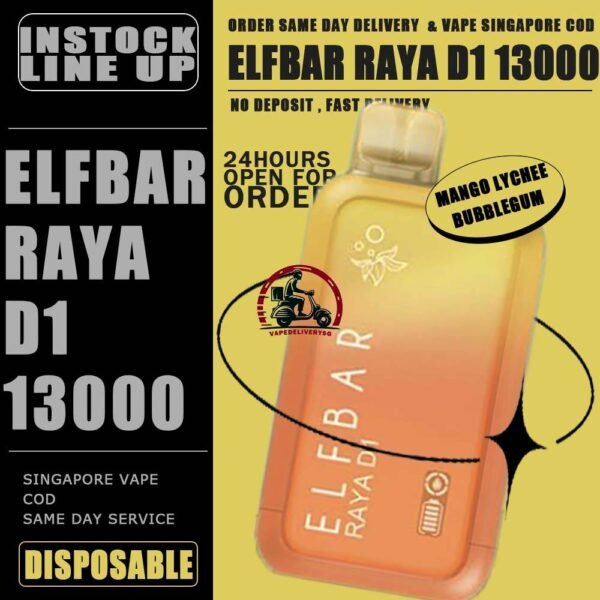 ELFBAR RAYA D1 13000 DISPOSABLE - VAPE DELIVERY SG SINGAPORE The Elfbar D1 Raya 13k with 13000 puffs is a cutting-edge disposable pod device designed for an extended and satisfying vaping experience . Boasting an impressive puff capacity , this device delivers a long-lasting and flavorful journey . With its innovative technology , Elfbar ensures a hassle-free and convenient vaping solution. The Raya D1 variant offers a delightful blend of watermelon and honeydew flavours , Providing a refershing and enjoyable taste profile . Ideal for user seeking a high-puff option , the Elfbar D1 Raya promises an immersive vaping session with every draw . Moreover, it featuring a screen display that will provide you with information about battery power and the remaining liquid level in your RAYA D1! Specification : Approx. 13000 Puffs Capacity 18ml Rechargeable Battery 650mAh Anti Dry-Burn Protection E-liquid & Power Display Screen Charging Port: Type-C ⚠️ELFBAR RAYA D1 13000 DISPOSABLE FLAVOUR LINE UP⚠️ Apple Orange Bubblegum Kiwi Guava Grape Mango Lychee Bubblegum Mango Strawberry Ice Cream Peach Lychee Blackcurrant Ribena Lychee Solero Strawberry Guava Lychee Juicy Peach Cola Masam Bubblegum Mix Berries Sour Bubblegum SG VAPE COD SAME DAY DELIVERY , CASH ON DELIVERY ONLY. TAKE BULK ORDER /MORE ORDER PLS CONTACT ME : VAPEDELIVERYSG VIEW OUR DAILY NEWS INFORMATION VAPE : TELEGRAM CHANNEL