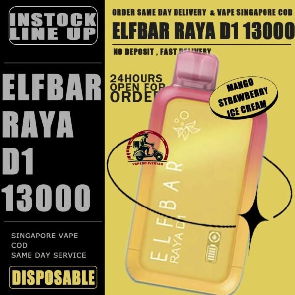 ELFBAR RAYA D1 13000 DISPOSABLE - VAPE DELIVERY SG SINGAPORE The Elfbar D1 Raya 13k with 13000 puffs is a cutting-edge disposable pod device designed for an extended and satisfying vaping experience . Boasting an impressive puff capacity , this device delivers a long-lasting and flavorful journey . With its innovative technology , Elfbar ensures a hassle-free and convenient vaping solution. The Raya D1 variant offers a delightful blend of watermelon and honeydew flavours , Providing a refershing and enjoyable taste profile . Ideal for user seeking a high-puff option , the Elfbar D1 Raya promises an immersive vaping session with every draw . Moreover, it featuring a screen display that will provide you with information about battery power and the remaining liquid level in your RAYA D1! Specification : Approx. 13000 Puffs Capacity 18ml Rechargeable Battery 650mAh Anti Dry-Burn Protection E-liquid & Power Display Screen Charging Port: Type-C ⚠️ELFBAR RAYA D1 13000 DISPOSABLE FLAVOUR LINE UP⚠️ Apple Orange Bubblegum Kiwi Guava Grape Mango Lychee Bubblegum Mango Strawberry Ice Cream Peach Lychee Blackcurrant Ribena Lychee Solero Strawberry Guava Lychee Juicy Peach Cola Masam Bubblegum Mix Berries Sour Bubblegum SG VAPE COD SAME DAY DELIVERY , CASH ON DELIVERY ONLY. TAKE BULK ORDER /MORE ORDER PLS CONTACT ME : VAPEDELIVERYSG VIEW OUR DAILY NEWS INFORMATION VAPE : TELEGRAM CHANNEL