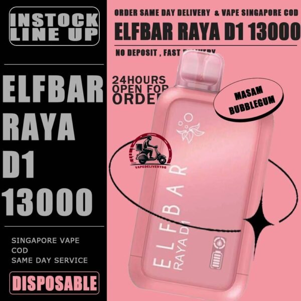 ELFBAR RAYA D1 13000 DISPOSABLE - VAPE DELIVERY SG SINGAPORE The Elfbar D1 Raya 13k with 13000 puffs is a cutting-edge disposable pod device designed for an extended and satisfying vaping experience . Boasting an impressive puff capacity , this device delivers a long-lasting and flavorful journey . With its innovative technology , Elfbar ensures a hassle-free and convenient vaping solution. The Raya D1 variant offers a delightful blend of watermelon and honeydew flavours , Providing a refershing and enjoyable taste profile . Ideal for user seeking a high-puff option , the Elfbar D1 Raya promises an immersive vaping session with every draw . Moreover, it featuring a screen display that will provide you with information about battery power and the remaining liquid level in your RAYA D1! Specification : Approx. 13000 Puffs Capacity 18ml Rechargeable Battery 650mAh Anti Dry-Burn Protection E-liquid & Power Display Screen Charging Port: Type-C ⚠️ELFBAR RAYA D1 13000 DISPOSABLE FLAVOUR LINE UP⚠️ Apple Orange Bubblegum Kiwi Guava Grape Mango Lychee Bubblegum Mango Strawberry Ice Cream Peach Lychee Blackcurrant Ribena Lychee Solero Strawberry Guava Lychee Juicy Peach Cola Masam Bubblegum Mix Berries Sour Bubblegum SG VAPE COD SAME DAY DELIVERY , CASH ON DELIVERY ONLY. TAKE BULK ORDER /MORE ORDER PLS CONTACT ME : VAPEDELIVERYSG VIEW OUR DAILY NEWS INFORMATION VAPE : TELEGRAM CHANNEL