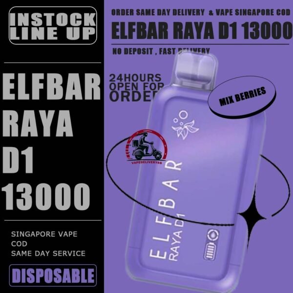 ELFBAR RAYA D1 13000 DISPOSABLE - VAPE DELIVERY SG SINGAPORE The Elfbar D1 Raya 13k with 13000 puffs is a cutting-edge disposable pod device designed for an extended and satisfying vaping experience . Boasting an impressive puff capacity , this device delivers a long-lasting and flavorful journey . With its innovative technology , Elfbar ensures a hassle-free and convenient vaping solution. The Raya D1 variant offers a delightful blend of watermelon and honeydew flavours , Providing a refershing and enjoyable taste profile . Ideal for user seeking a high-puff option , the Elfbar D1 Raya promises an immersive vaping session with every draw . Moreover, it featuring a screen display that will provide you with information about battery power and the remaining liquid level in your RAYA D1! Specification : Approx. 13000 Puffs Capacity 18ml Rechargeable Battery 650mAh Anti Dry-Burn Protection E-liquid & Power Display Screen Charging Port: Type-C ⚠️ELFBAR RAYA D1 13000 DISPOSABLE FLAVOUR LINE UP⚠️ Apple Orange Bubblegum Kiwi Guava Grape Mango Lychee Bubblegum Mango Strawberry Ice Cream Peach Lychee Blackcurrant Ribena Lychee Solero Strawberry Guava Lychee Juicy Peach Cola Masam Bubblegum Mix Berries Sour Bubblegum SG VAPE COD SAME DAY DELIVERY , CASH ON DELIVERY ONLY. TAKE BULK ORDER /MORE ORDER PLS CONTACT ME : VAPEDELIVERYSG VIEW OUR DAILY NEWS INFORMATION VAPE : TELEGRAM CHANNEL