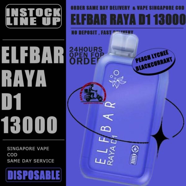 ELFBAR RAYA D1 13000 DISPOSABLE - VAPE DELIVERY SG SINGAPORE The Elfbar D1 Raya 13k with 13000 puffs is a cutting-edge disposable pod device designed for an extended and satisfying vaping experience . Boasting an impressive puff capacity , this device delivers a long-lasting and flavorful journey . With its innovative technology , Elfbar ensures a hassle-free and convenient vaping solution. The Raya D1 variant offers a delightful blend of watermelon and honeydew flavours , Providing a refershing and enjoyable taste profile . Ideal for user seeking a high-puff option , the Elfbar D1 Raya promises an immersive vaping session with every draw . Moreover, it featuring a screen display that will provide you with information about battery power and the remaining liquid level in your RAYA D1! Specification : Approx. 13000 Puffs Capacity 18ml Rechargeable Battery 650mAh Anti Dry-Burn Protection E-liquid & Power Display Screen Charging Port: Type-C ⚠️ELFBAR RAYA D1 13000 DISPOSABLE FLAVOUR LINE UP⚠️ Apple Orange Bubblegum Kiwi Guava Grape Mango Lychee Bubblegum Mango Strawberry Ice Cream Peach Lychee Blackcurrant Ribena Lychee Solero Strawberry Guava Lychee Juicy Peach Cola Masam Bubblegum Mix Berries Sour Bubblegum SG VAPE COD SAME DAY DELIVERY , CASH ON DELIVERY ONLY. TAKE BULK ORDER /MORE ORDER PLS CONTACT ME : VAPEDELIVERYSG VIEW OUR DAILY NEWS INFORMATION VAPE : TELEGRAM CHANNEL