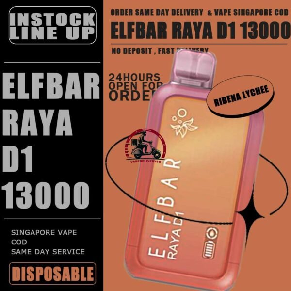 ELFBAR RAYA D1 13000 DISPOSABLE - VAPE DELIVERY SG SINGAPORE The Elfbar D1 Raya 13k with 13000 puffs is a cutting-edge disposable pod device designed for an extended and satisfying vaping experience . Boasting an impressive puff capacity , this device delivers a long-lasting and flavorful journey . With its innovative technology , Elfbar ensures a hassle-free and convenient vaping solution. The Raya D1 variant offers a delightful blend of watermelon and honeydew flavours , Providing a refershing and enjoyable taste profile . Ideal for user seeking a high-puff option , the Elfbar D1 Raya promises an immersive vaping session with every draw . Moreover, it featuring a screen display that will provide you with information about battery power and the remaining liquid level in your RAYA D1! Specification : Approx. 13000 Puffs Capacity 18ml Rechargeable Battery 650mAh Anti Dry-Burn Protection E-liquid & Power Display Screen Charging Port: Type-C ⚠️ELFBAR RAYA D1 13000 DISPOSABLE FLAVOUR LINE UP⚠️ Apple Orange Bubblegum Kiwi Guava Grape Mango Lychee Bubblegum Mango Strawberry Ice Cream Peach Lychee Blackcurrant Ribena Lychee Solero Strawberry Guava Lychee Juicy Peach Cola Masam Bubblegum Mix Berries Sour Bubblegum SG VAPE COD SAME DAY DELIVERY , CASH ON DELIVERY ONLY. TAKE BULK ORDER /MORE ORDER PLS CONTACT ME : VAPEDELIVERYSG VIEW OUR DAILY NEWS INFORMATION VAPE : TELEGRAM CHANNEL