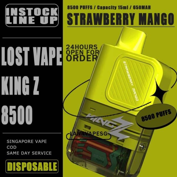 KING Z 8500 / 8.5K BY LOST VAPE DISPOSABLE The King Z 8500 / 8K Puffs Disposable By Lost Vape , in our Vape Singapore – LanaVapeSg Ready Stock on sale , Get it now with us and same day delivery . Specification : Approx. 8500 puffs Capacity 15ml Adjustable Airflow Rechargeable Battery 650mAh Charging Port: Type-C ⚠️KING Z 8500 BY LOST VAPE DISPOSABLE FLAVOUR⚠️ Grape Mango Honeydew Ice Cream Apple Strawberry Peach Mango YaKult White Velvet Cake Aloe Blackcurrant Strawberry Watermelon Strawberry Mango SG VAPE COD SAME DAY DELIVERY , CASH ON DELIVERY ONLY. ORDER BEFORE 5PM , SAME DAY NIGHT SLOT 7PM – 10PM RECEIVED PARCEL. TAKE BULK ORDER /MORE ORDER PLS CONTACT US : LANAVAPESG WHATSAPP VIEW OUR DAILY NEWS INFORMATION VAPE : LANAVAPESG CHANNEL