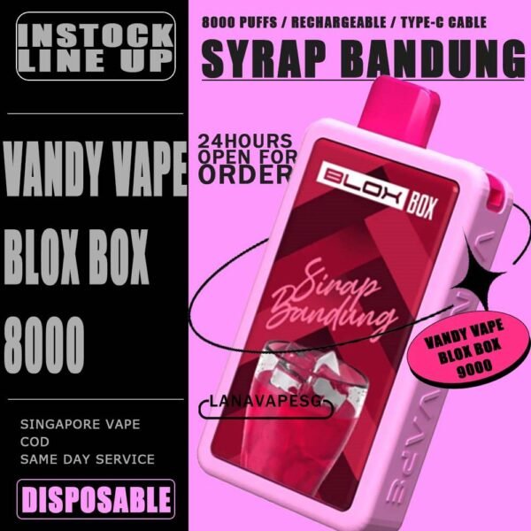 VANDY VAPE BLOX BOX 8000 / 8K DISPOSABLE The VANDY VAPE BLOX BOX 8000 / 8K DISPOSABLE in our Vape Singapore – LanaVapeSg Ready Stock on sale , Get it now with us and same day delivery . Specification : Approx.8000 Puffs Rechargeable Battery Charging Port: Type-C ⚠️VANDY VAPE BLOX BOX 8000 DISPOSABLE FLAVOUR⚠️ Chocolate Waffle Mango Ice Passion Fruit Syrup Bandung Solero Ice Cream Watermelon Ice Taro Ice Cream Movie Popcorn Peanut Butter Strawberry SG VAPE COD SAME DAY DELIVERY , CASH ON DELIVERY ONLY. ORDER BEFORE 5PM , SAME DAY NIGHT SLOT 7PM – 10PM RECEIVED PARCEL. TAKE BULK ORDER /MORE ORDER PLS CONTACT US : LANAVAPESG WHATSAPP VIEW OUR DAILY NEWS INFORMATION VAPE : LANAVAPESG CHANNEL