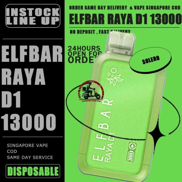 ELFBAR RAYA D1 13000 DISPOSABLE - VAPE DELIVERY SG SINGAPORE The Elfbar D1 Raya 13k with 13000 puffs is a cutting-edge disposable pod device designed for an extended and satisfying vaping experience . Boasting an impressive puff capacity , this device delivers a long-lasting and flavorful journey . With its innovative technology , Elfbar ensures a hassle-free and convenient vaping solution. The Raya D1 variant offers a delightful blend of watermelon and honeydew flavours , Providing a refershing and enjoyable taste profile . Ideal for user seeking a high-puff option , the Elfbar D1 Raya promises an immersive vaping session with every draw . Moreover, it featuring a screen display that will provide you with information about battery power and the remaining liquid level in your RAYA D1! Specification : Approx. 13000 Puffs Capacity 18ml Rechargeable Battery 650mAh Anti Dry-Burn Protection E-liquid & Power Display Screen Charging Port: Type-C ⚠️ELFBAR RAYA D1 13000 DISPOSABLE FLAVOUR LINE UP⚠️ Apple Orange Bubblegum Kiwi Guava Grape Mango Lychee Bubblegum Mango Strawberry Ice Cream Peach Lychee Blackcurrant Ribena Lychee Solero Strawberry Guava Lychee Juicy Peach Cola Masam Bubblegum Mix Berries Sour Bubblegum SG VAPE COD SAME DAY DELIVERY , CASH ON DELIVERY ONLY. TAKE BULK ORDER /MORE ORDER PLS CONTACT ME : VAPEDELIVERYSG VIEW OUR DAILY NEWS INFORMATION VAPE : TELEGRAM CHANNEL