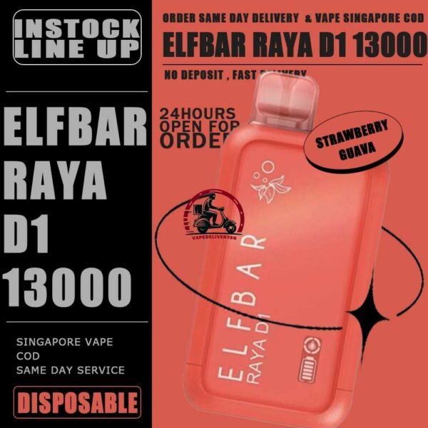 ELFBAR RAYA D1 13000 DISPOSABLE - VAPE DELIVERY SG SINGAPORE The Elfbar D1 Raya 13k with 13000 puffs is a cutting-edge disposable pod device designed for an extended and satisfying vaping experience . Boasting an impressive puff capacity , this device delivers a long-lasting and flavorful journey . With its innovative technology , Elfbar ensures a hassle-free and convenient vaping solution. The Raya D1 variant offers a delightful blend of watermelon and honeydew flavours , Providing a refershing and enjoyable taste profile . Ideal for user seeking a high-puff option , the Elfbar D1 Raya promises an immersive vaping session with every draw . Moreover, it featuring a screen display that will provide you with information about battery power and the remaining liquid level in your RAYA D1! Specification : Approx. 13000 Puffs Capacity 18ml Rechargeable Battery 650mAh Anti Dry-Burn Protection E-liquid & Power Display Screen Charging Port: Type-C ⚠️ELFBAR RAYA D1 13000 DISPOSABLE FLAVOUR LINE UP⚠️ Apple Orange Bubblegum Kiwi Guava Grape Mango Lychee Bubblegum Mango Strawberry Ice Cream Peach Lychee Blackcurrant Ribena Lychee Solero Strawberry Guava Lychee Juicy Peach Cola Masam Bubblegum Mix Berries Sour Bubblegum SG VAPE COD SAME DAY DELIVERY , CASH ON DELIVERY ONLY. TAKE BULK ORDER /MORE ORDER PLS CONTACT ME : VAPEDELIVERYSG VIEW OUR DAILY NEWS INFORMATION VAPE : TELEGRAM CHANNEL
