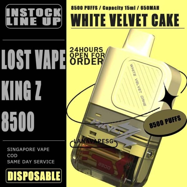 KING Z 8500 / 8.5K BY LOST VAPE DISPOSABLE The King Z 8500 / 8K Puffs Disposable By Lost Vape , in our Vape Singapore – LanaVapeSg Ready Stock on sale , Get it now with us and same day delivery . Specification : Approx. 8500 puffs Capacity 15ml Adjustable Airflow Rechargeable Battery 650mAh Charging Port: Type-C ⚠️KING Z 8500 BY LOST VAPE DISPOSABLE FLAVOUR⚠️ Grape Mango Honeydew Ice Cream Apple Strawberry Peach Mango YaKult White Velvet Cake Aloe Blackcurrant Strawberry Watermelon Strawberry Mango SG VAPE COD SAME DAY DELIVERY , CASH ON DELIVERY ONLY. ORDER BEFORE 5PM , SAME DAY NIGHT SLOT 7PM – 10PM RECEIVED PARCEL. TAKE BULK ORDER /MORE ORDER PLS CONTACT US : LANAVAPESG WHATSAPP VIEW OUR DAILY NEWS INFORMATION VAPE : LANAVAPESG CHANNEL