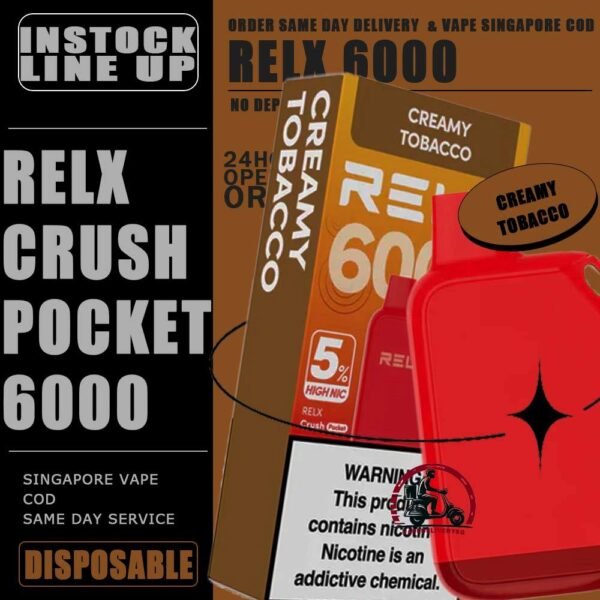 RELX CRUSH POCKET 6000 DISPOSABLE - VAPE DELIVERY SG SINGAPORE The RELX Crush Pocket 6000 Puffs Disposable vape Ready stock at Singapore sg shop on sale for same day delivery. This kit offers a refreshing summer experience with its subtle sweetness, strong cooling effect, and moderate richness RELX Pocket features a puff count of up to 6k puffs, an atomizer with a mech coil 2.0, powered by 10W. Equipped with a 470mAh battery, it reaches 80% charge in just 45 minutes. Specifition :  Puffs: 6000 Puff Nicotine Strength : 3% Charging Time : Roughly 30-45min Battery Capacity : Type-C Rechargeable ⚠️RELX CRUSH POCKET 6000 FLAVOUR LINE UP⚠️ Chrysanthemum Tea (3%) Icy Mineral Water (3%) LongJIng Tea (3%) Mint Freeze (3%) Peach Oolong Tea (3%) Root Beer (3%) Sea Salt Lemon (3%) Sour Plum Cola (3%) TieGuanYin Tea (3%) Watermelon Chill (3%) Creamy Tobacco (5%) Fresh Mint (5%) Mocha (5%) Tangy Grape (5%) Triple Mango (5%) SG VAPE COD SAME DAY DELIVERY , CASH ON DELIVERY ONLY. TAKE BULK ORDER /MORE ORDER PLS CONTACT ME : VAPEDELIVERYSG VIEW OUR DAILY NEWS INFORMATION VAPE : TELEGRAM CHANNEL